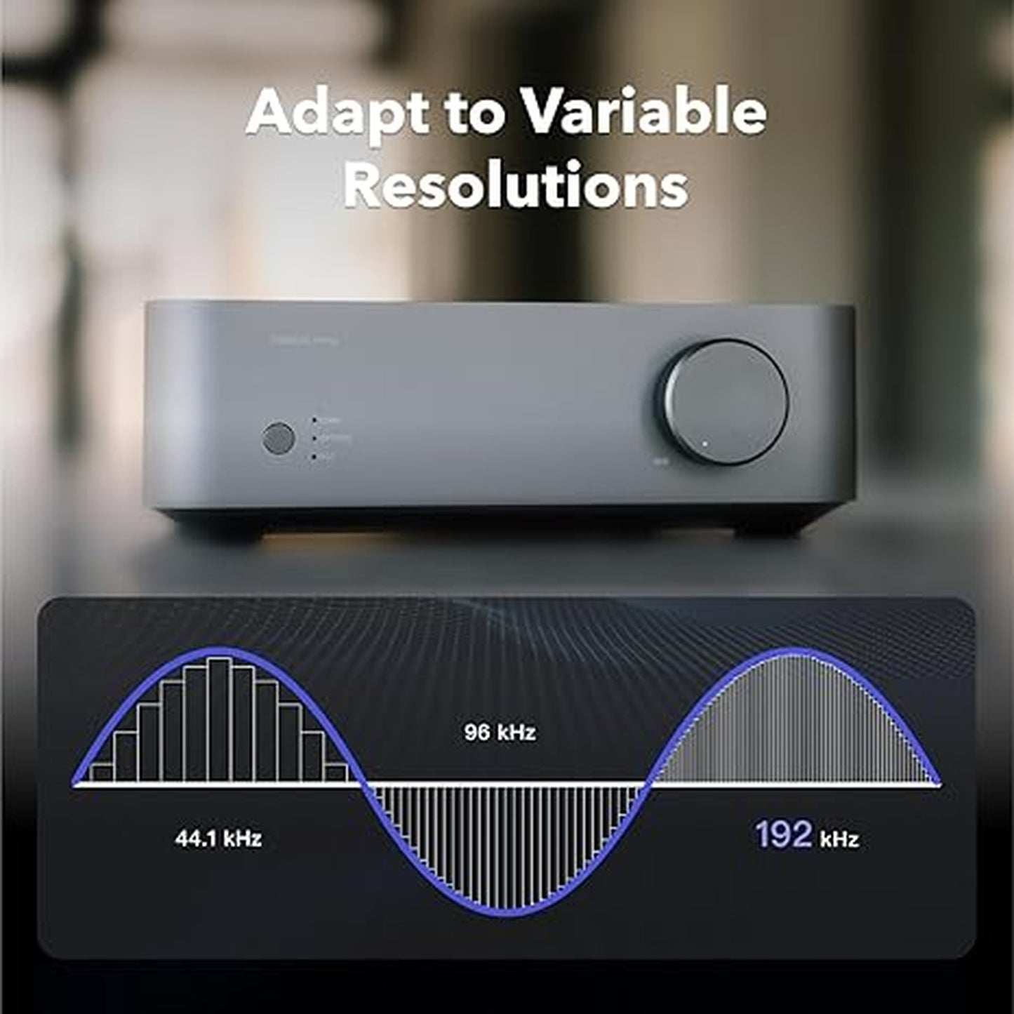 WiiM VibeLink Amp Vollverstärker Space Gray Detailansicht 2 Abtastraten von 44,1 bis 192 kHz