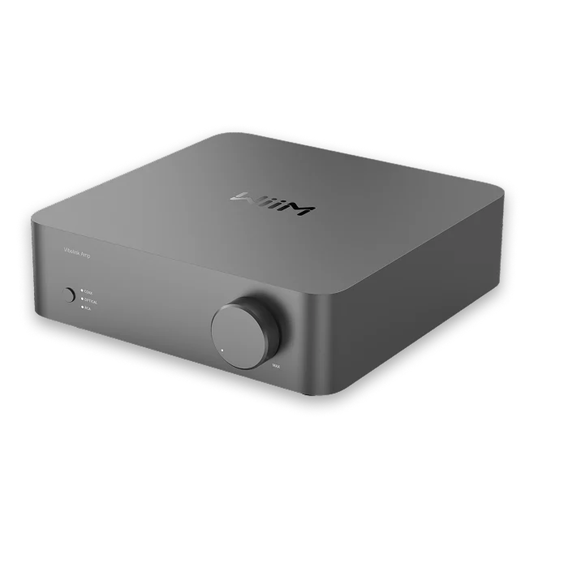 WiiM VibeLink Amp Vollverstärker Space Gray Frontansicht mit grossem Lautstärkeregler