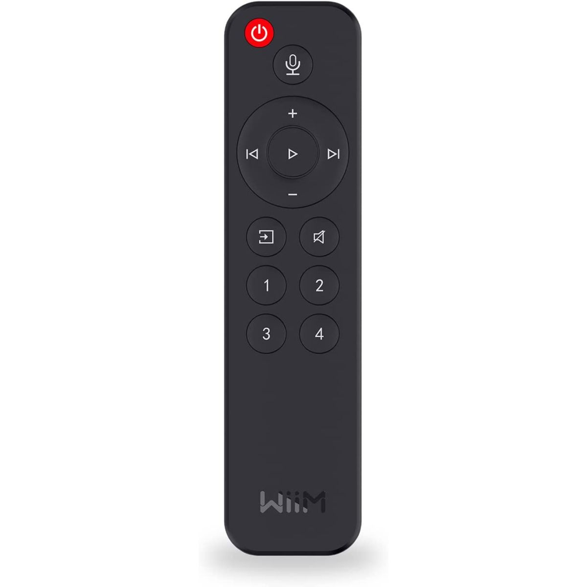 WiiM Voice Remote Sprachfernbedienung Frontansicht mit Mikrofontaste und vier Preset-Tasten