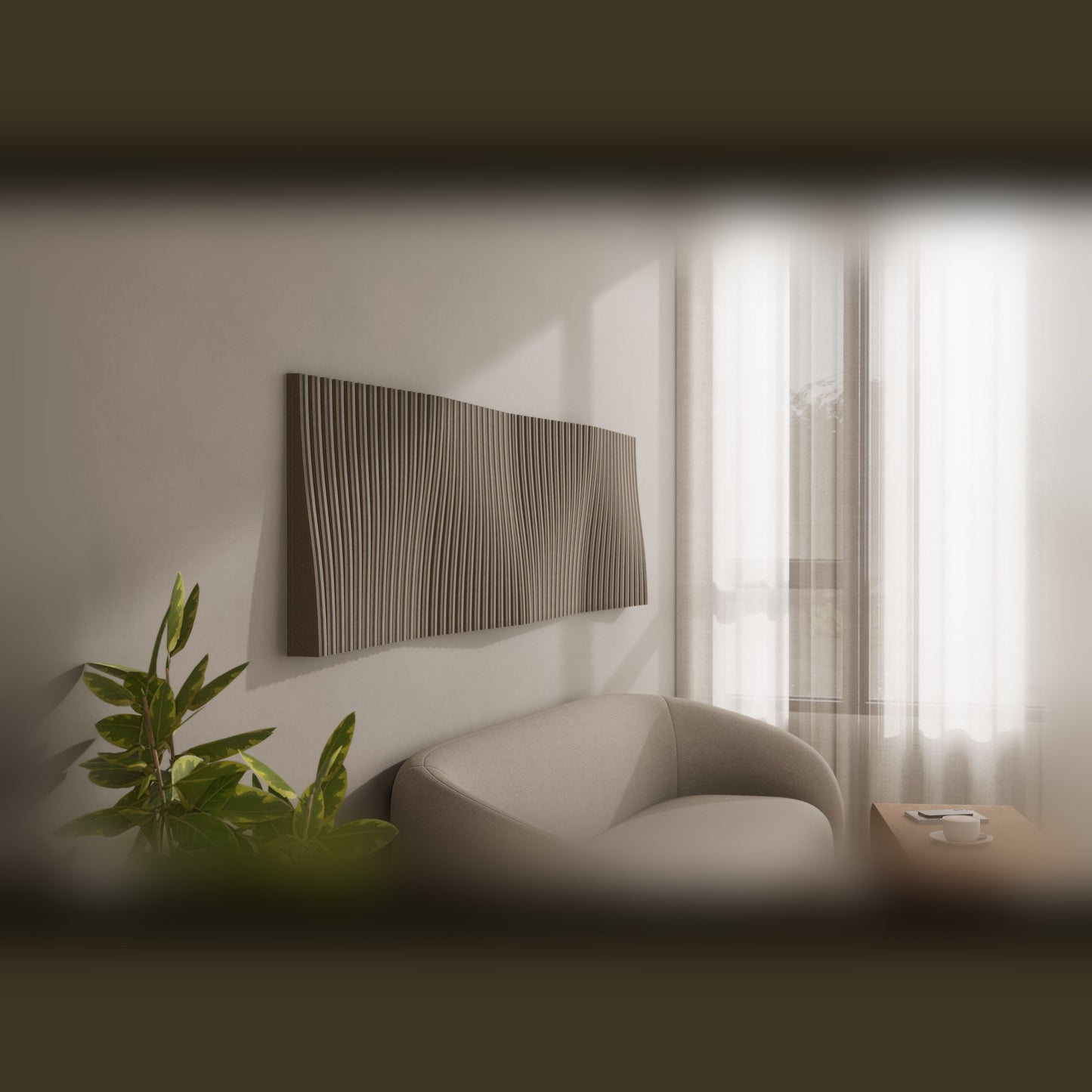 Woodbang Parametric Wave Akustikpaneel Lifestyle Wohnzimmer, Modell Even horizontal montiert