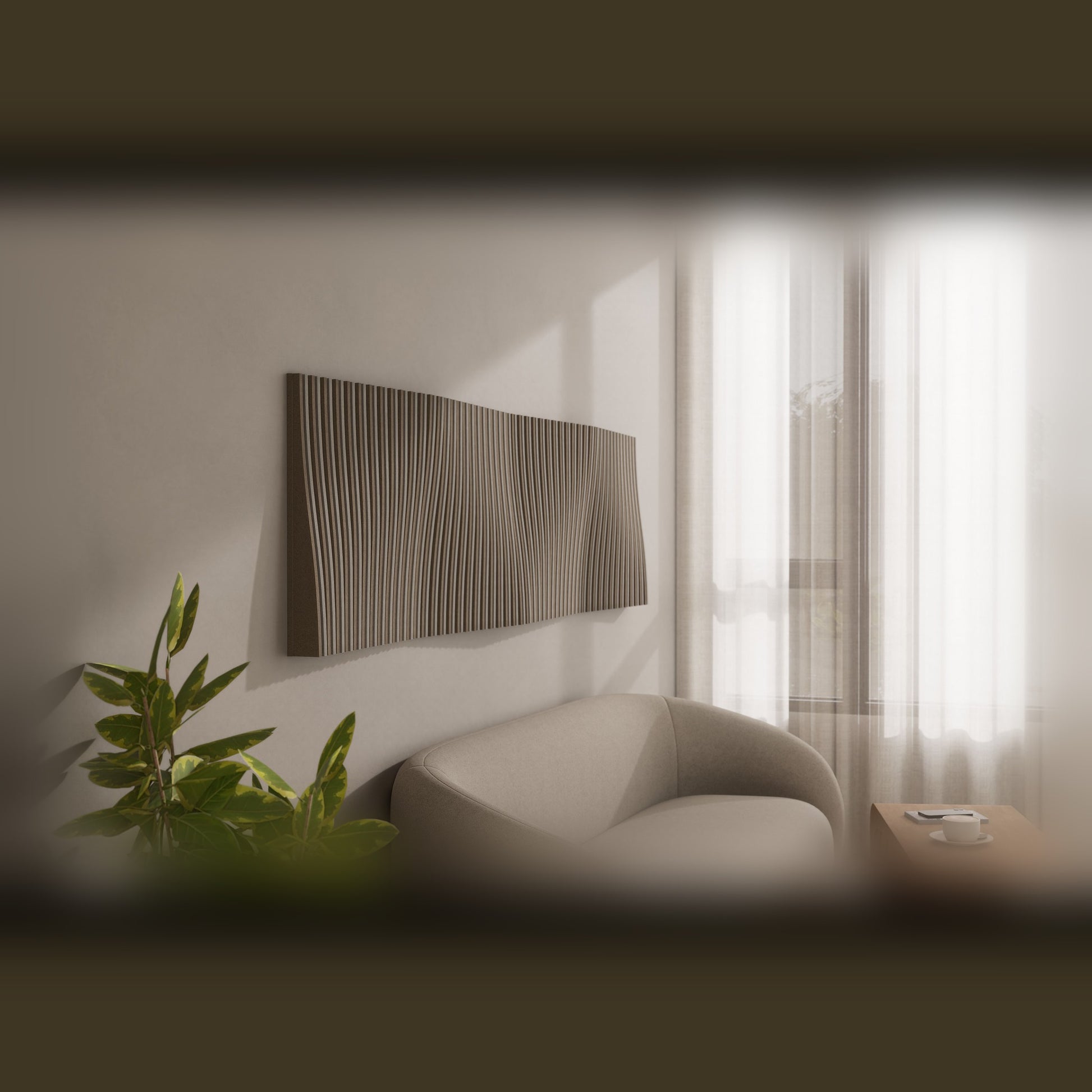 Woodbang Parametric Wave Akustikpaneel Lifestyle Wohnzimmer, Modell Even horizontal montiert