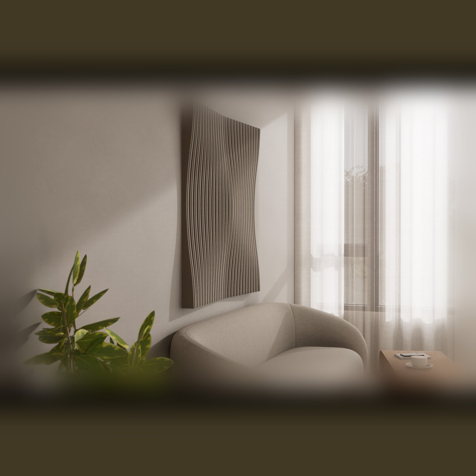 Woodbang Parametric Wave Akustikpaneel Lifestyle Wohnzimmer, Modell Even vertikal montiert