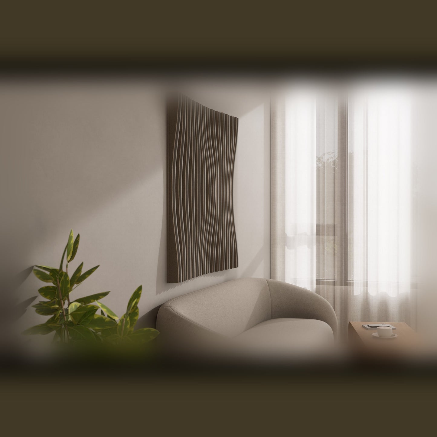 Woodbang Parametric Wave Akustikpaneel Lifestyle Wohnzimmer, Modell Standard vertikal montiert