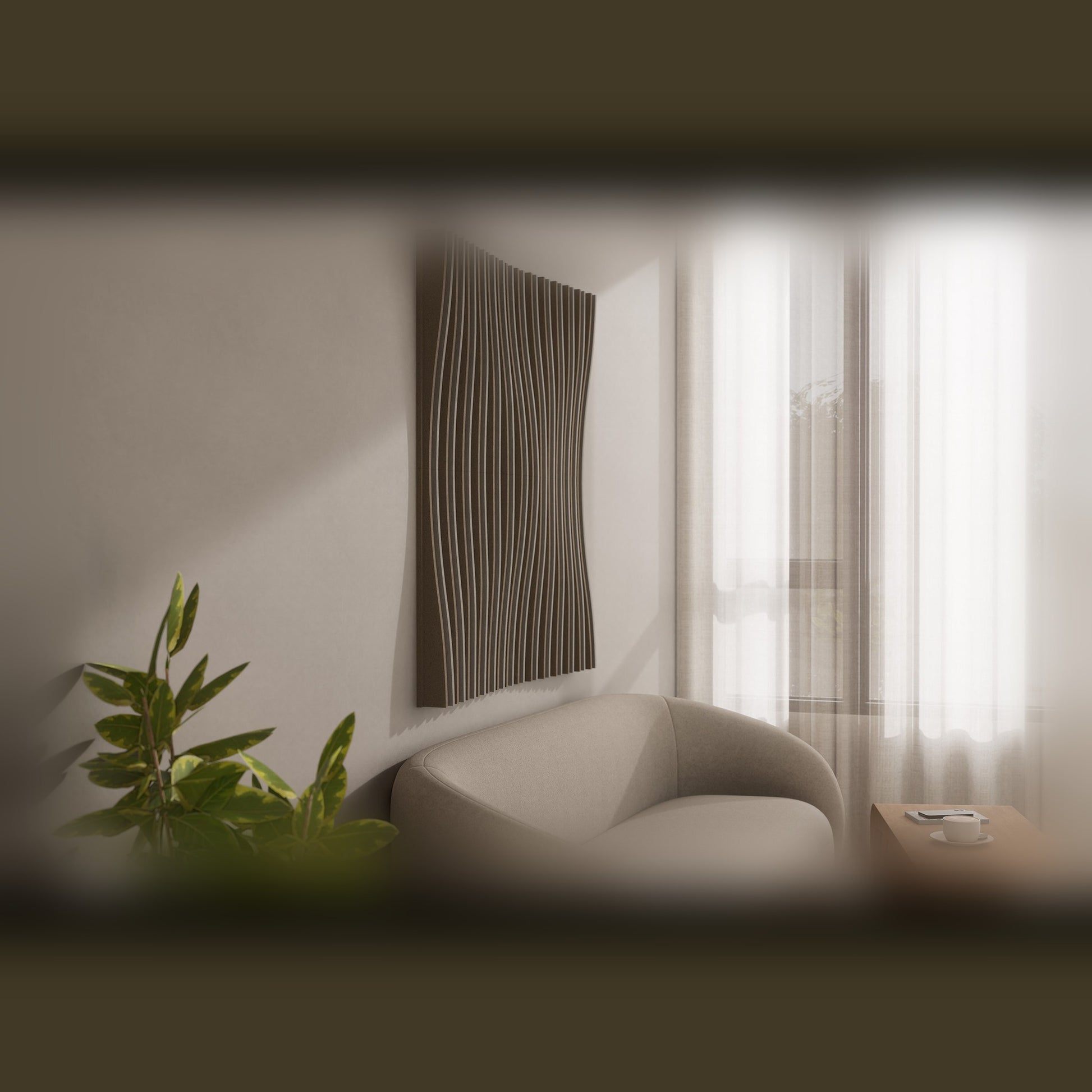 Woodbang Parametric Wave Akustikpaneel Lifestyle Wohnzimmer, Modell Standard vertikal montiert