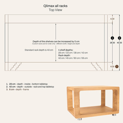 Woodbang Qlimax Extatic HiFi-Rack Masszeichnung Tiefenvarianten der Qlimax-Serie