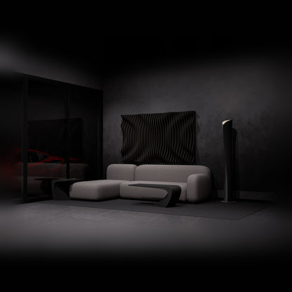 Woodbang Swell Parametric-Wandverkleidung Lifestyle dunkles Wohnzimmer