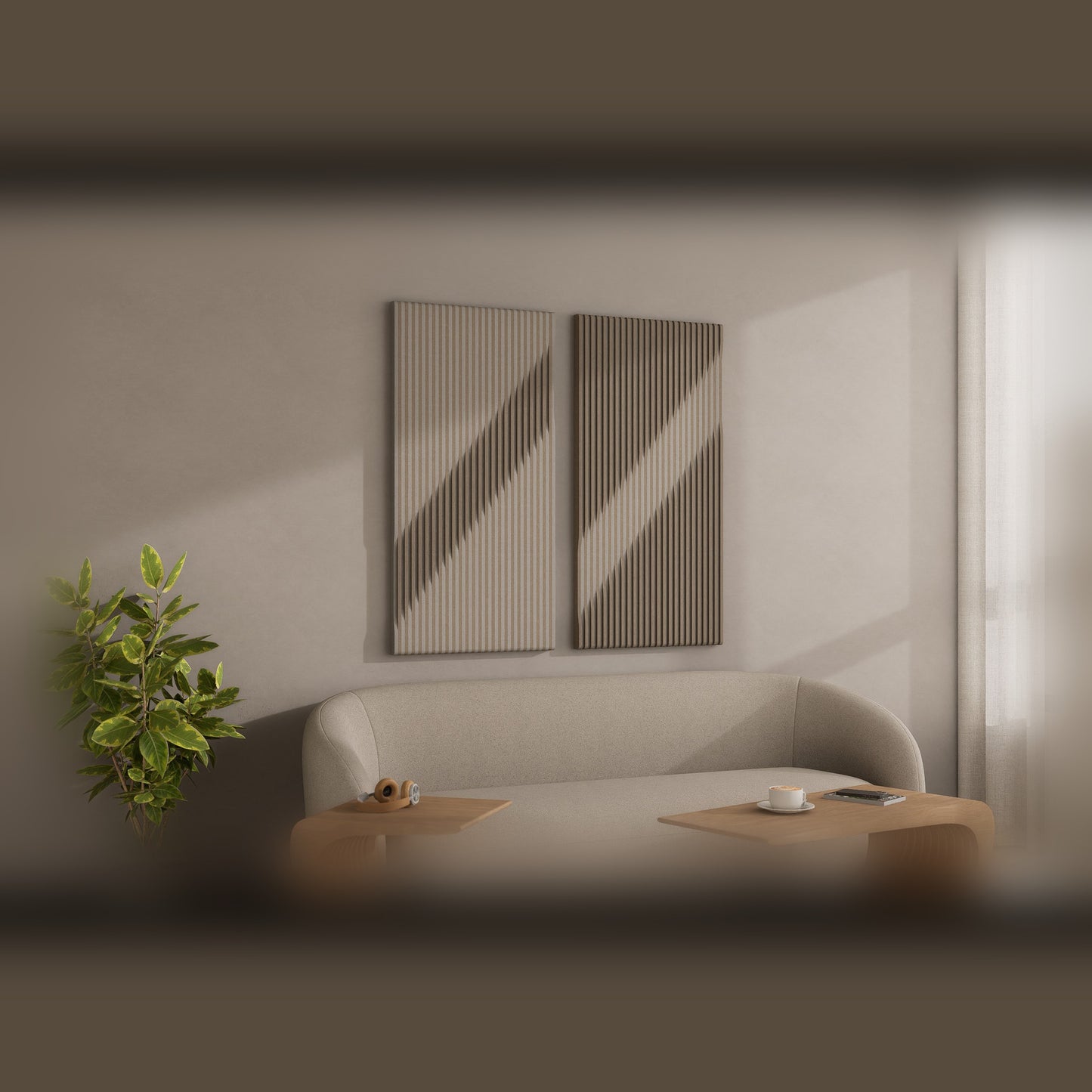 Woodbang V Serie PET-Filz Akustikpaneel Lifestyle Wohnzimmer, Grösse L, Boost und Cut kombiniert