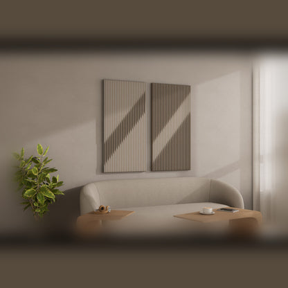 Woodbang V Serie PET-Filz Akustikpaneel Lifestyle Wohnzimmer, Grösse L, Boost und Cut kombiniert