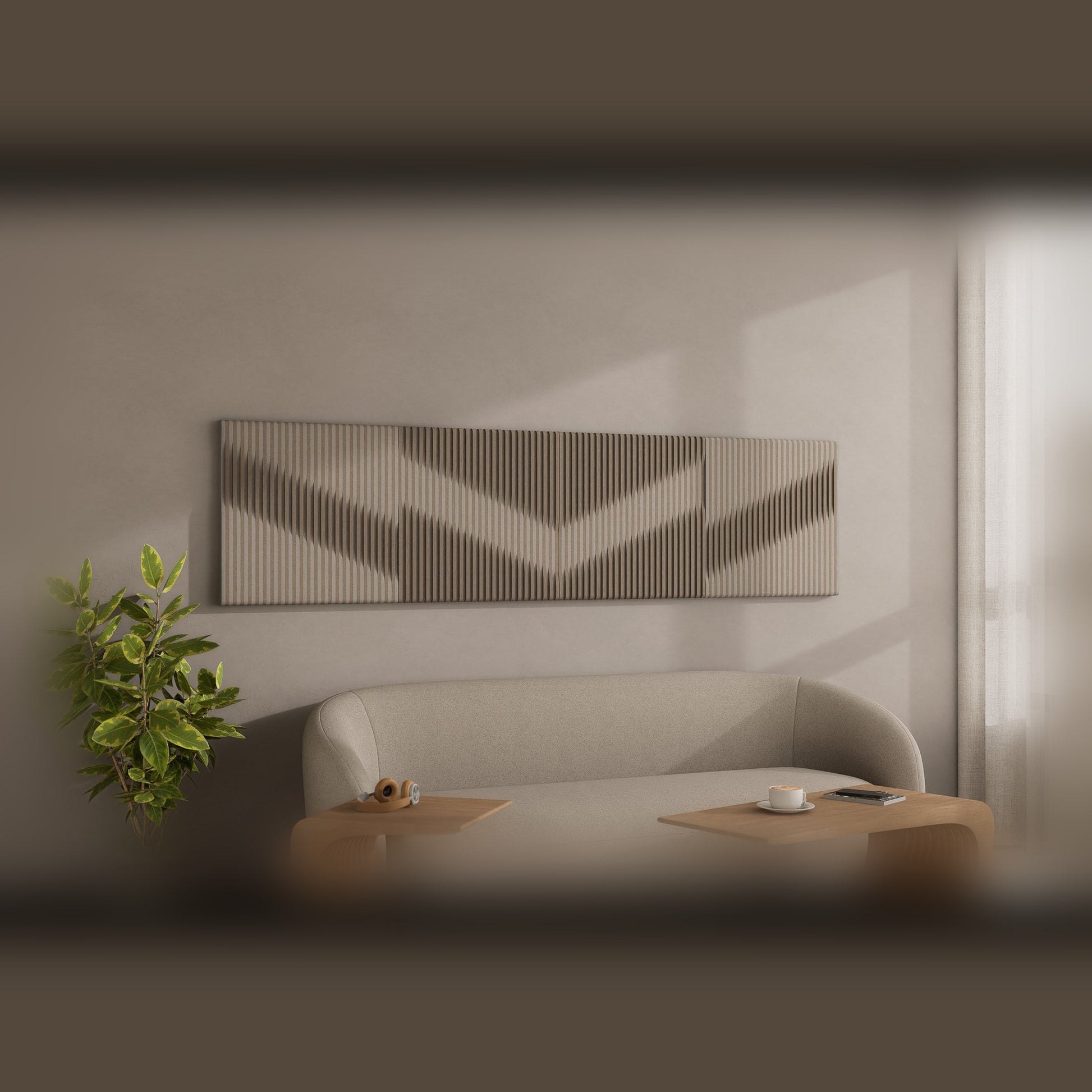 Woodbang V Serie PET-Filz Akustikpaneel Lifestyle Wohnzimmer, Grösse S, Boost und Cut kombiniert