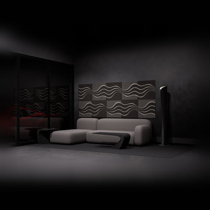 Woodbang Wave ART PET-Filz Akustikpaneel Lifestyle dunkles Wohnzimmer