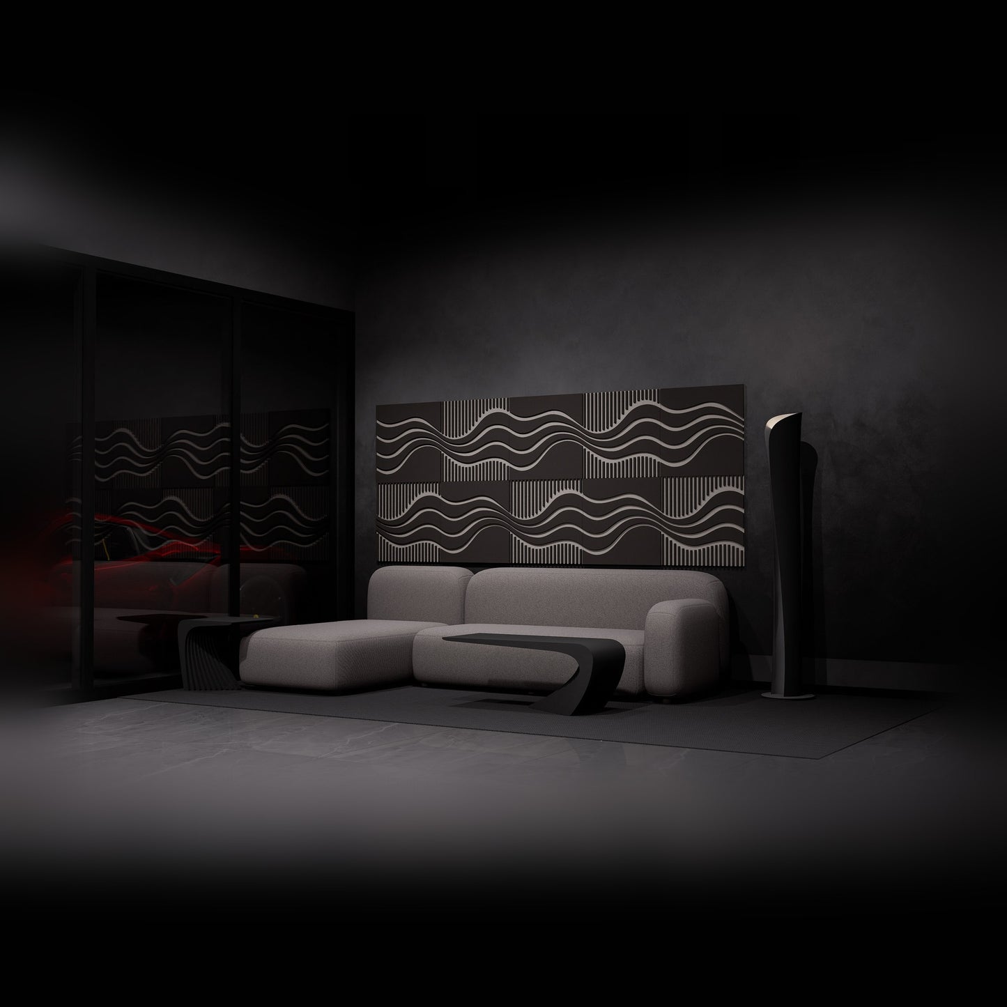 Woodbang Wave PET-Filz Akustikpaneel Lifestyle dunkles Wohnzimmer