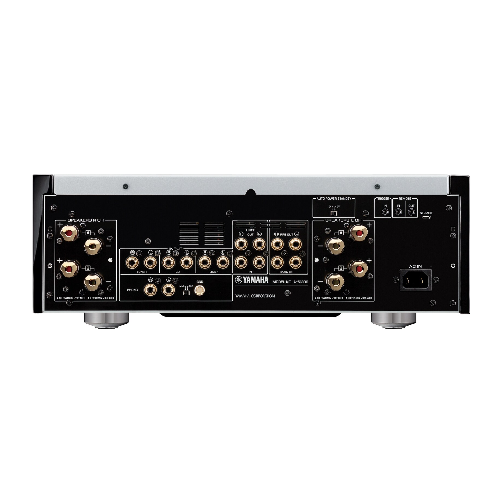 Yamaha A-S1200 High-End-Vollverstärker Rückansicht mit Lautsprecherterminals und Cinch-Anschlüssen