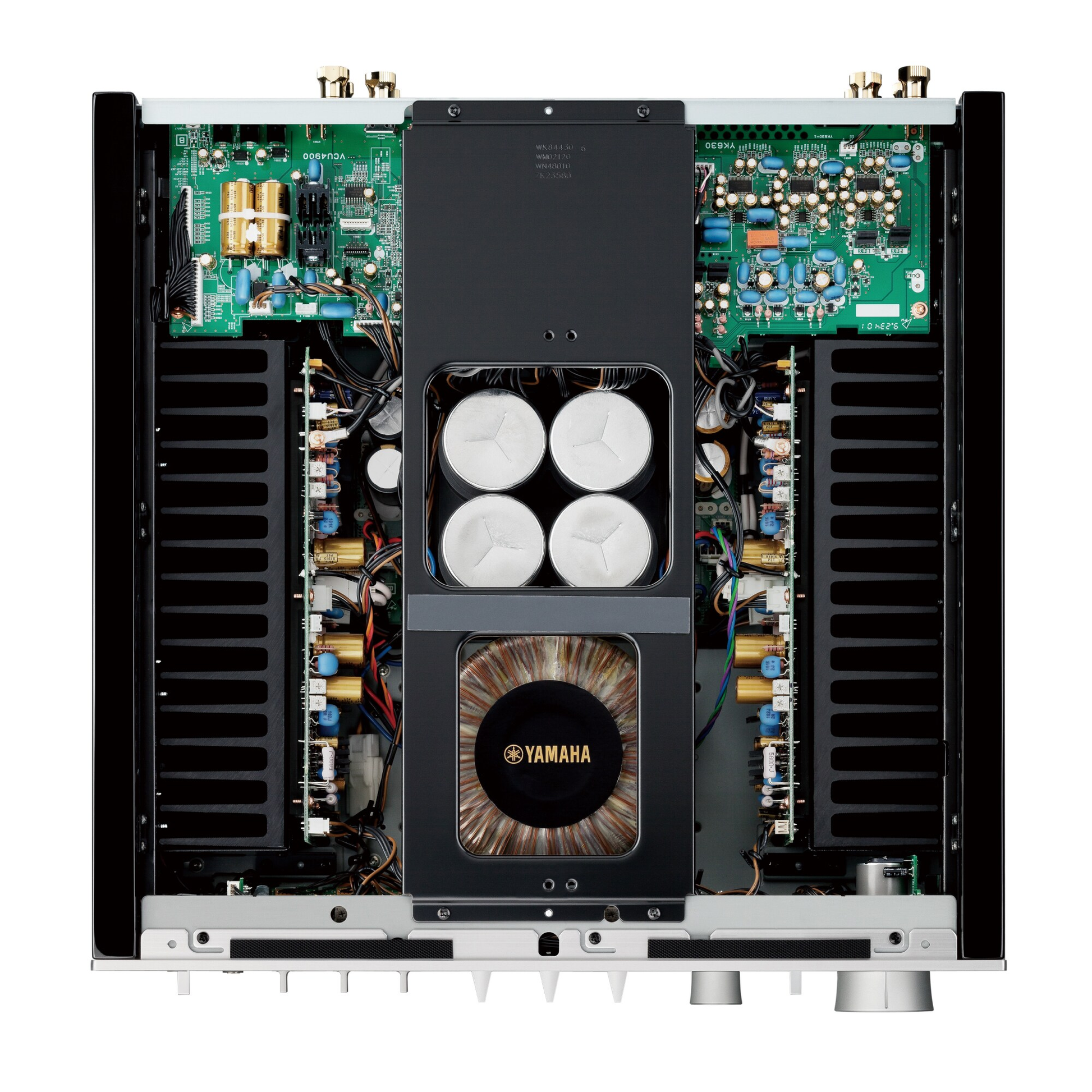 Yamaha A-S2200 High-End-Vollverstärker Silber Innenansicht mit symmetrischem Aufbau und Ringkerntrafo
