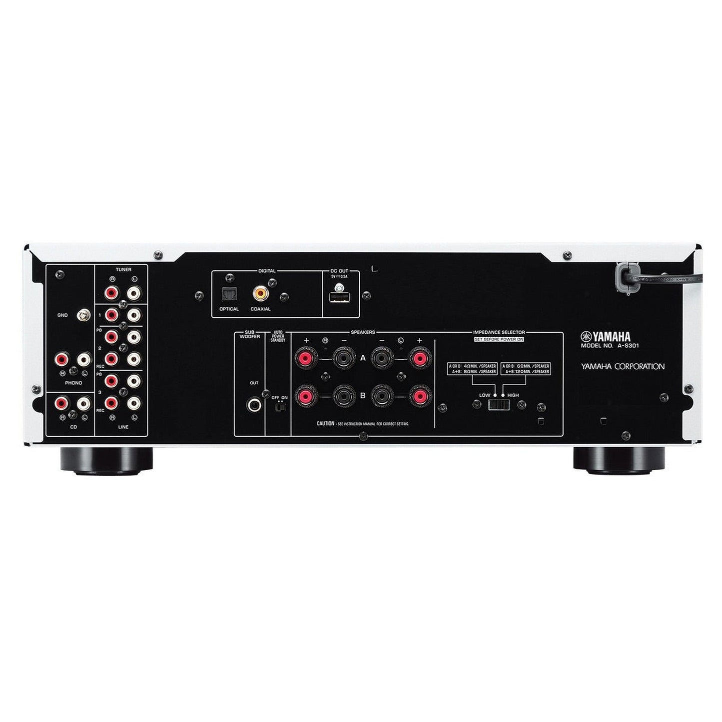 Yamaha A-S301 Stereo-Verstärker Rückansicht mit Lautsprecherterminals, Phono- und Digitaleingängen