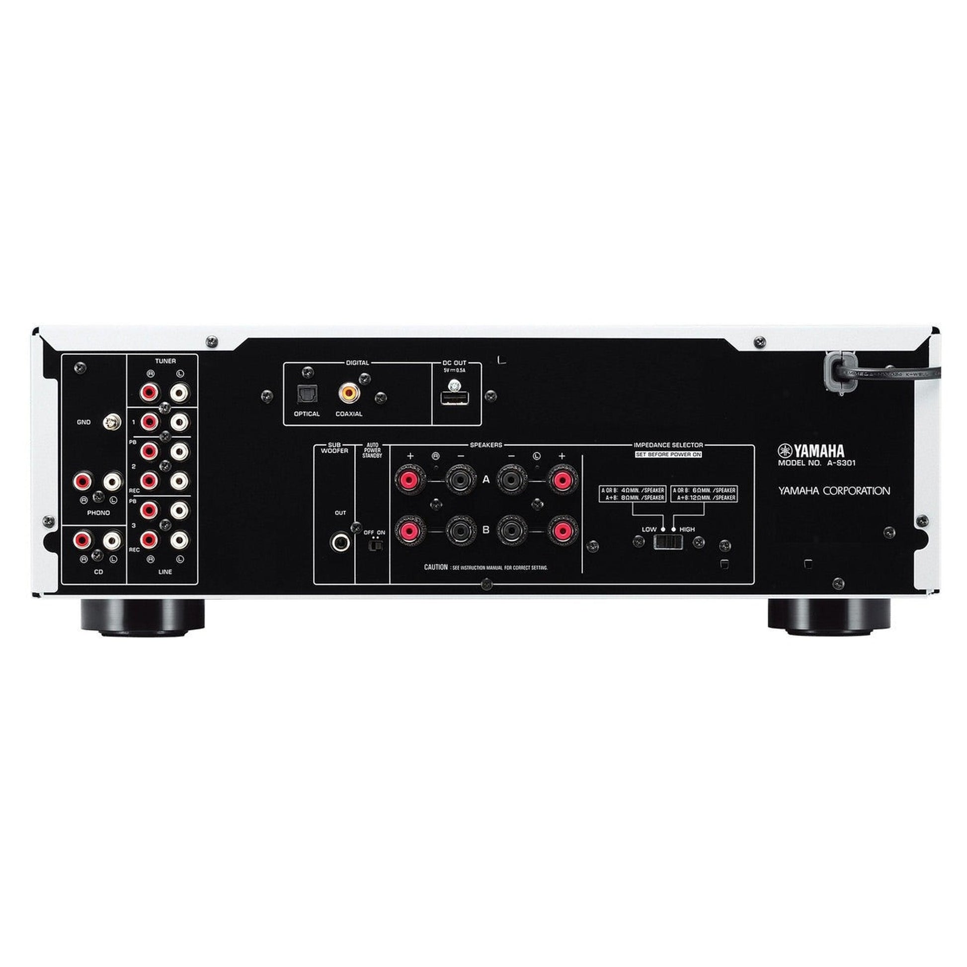 Yamaha A-S301 Stereo-Verstärker Rückansicht mit Lautsprecherterminals, Phono- und Digitaleingängen