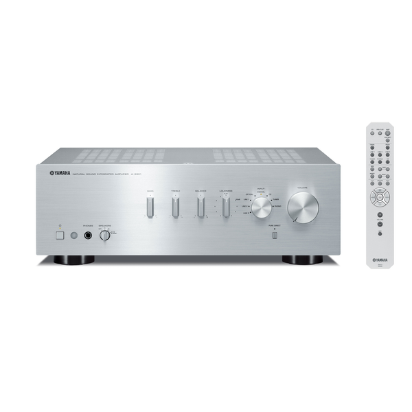 Yamaha A-S301 Stereo-Verstärker Silber Frontansicht mit Fernbedienung
