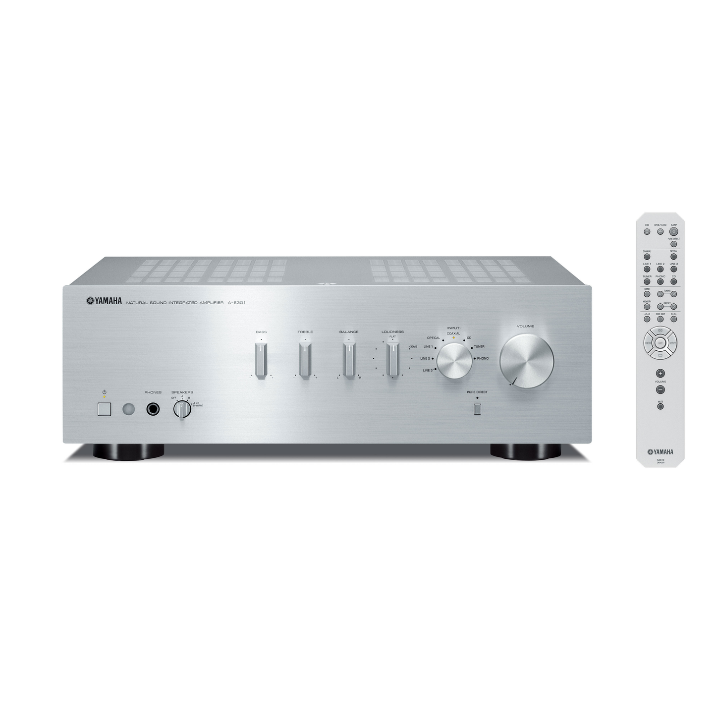 Yamaha A-S301 Stereo-Verstärker Silber Frontansicht mit Fernbedienung