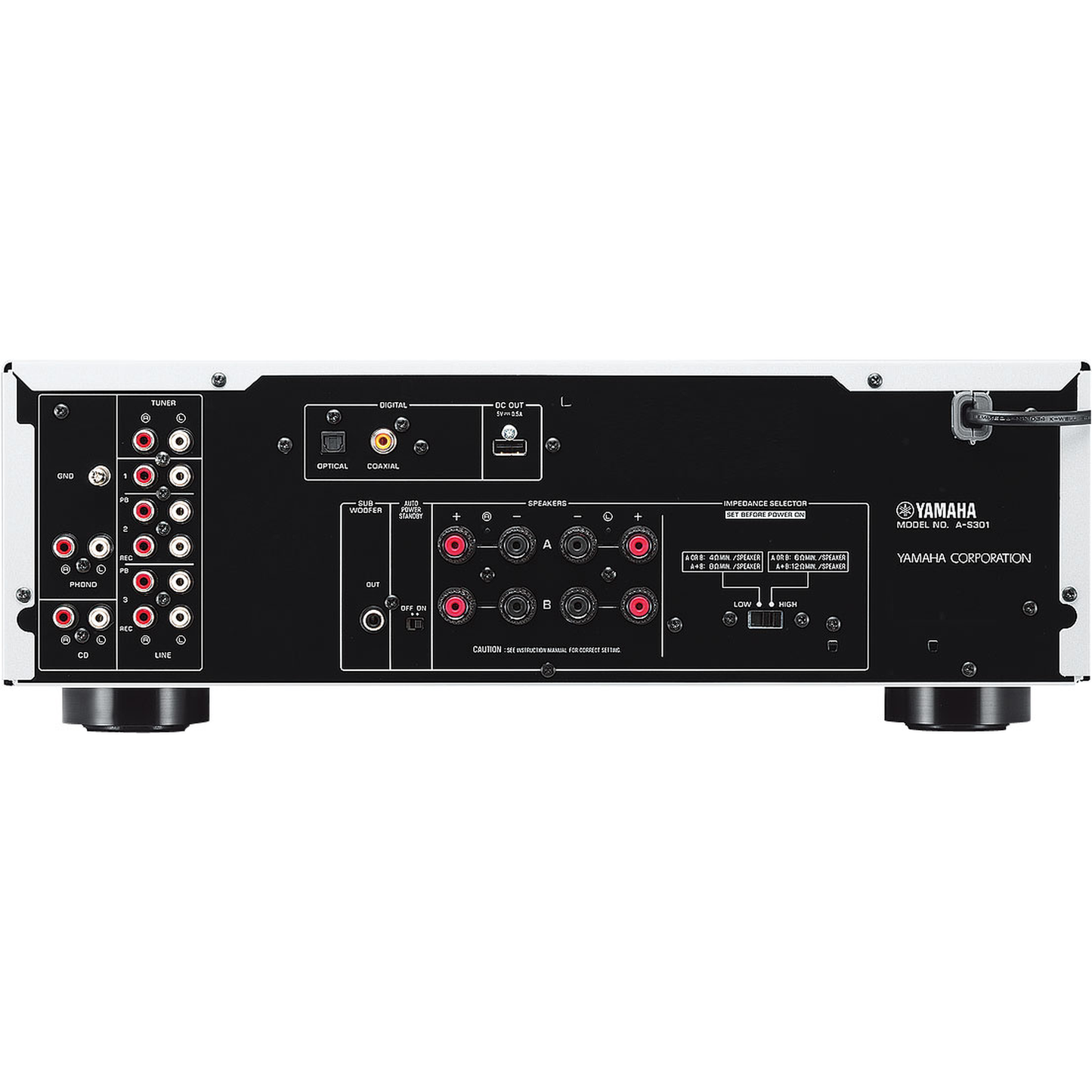 Yamaha A-S301 Stereo-Verstärker Silber Rückansicht mit Boxenklemmen, Phono-Eingang und Digitaleingängen