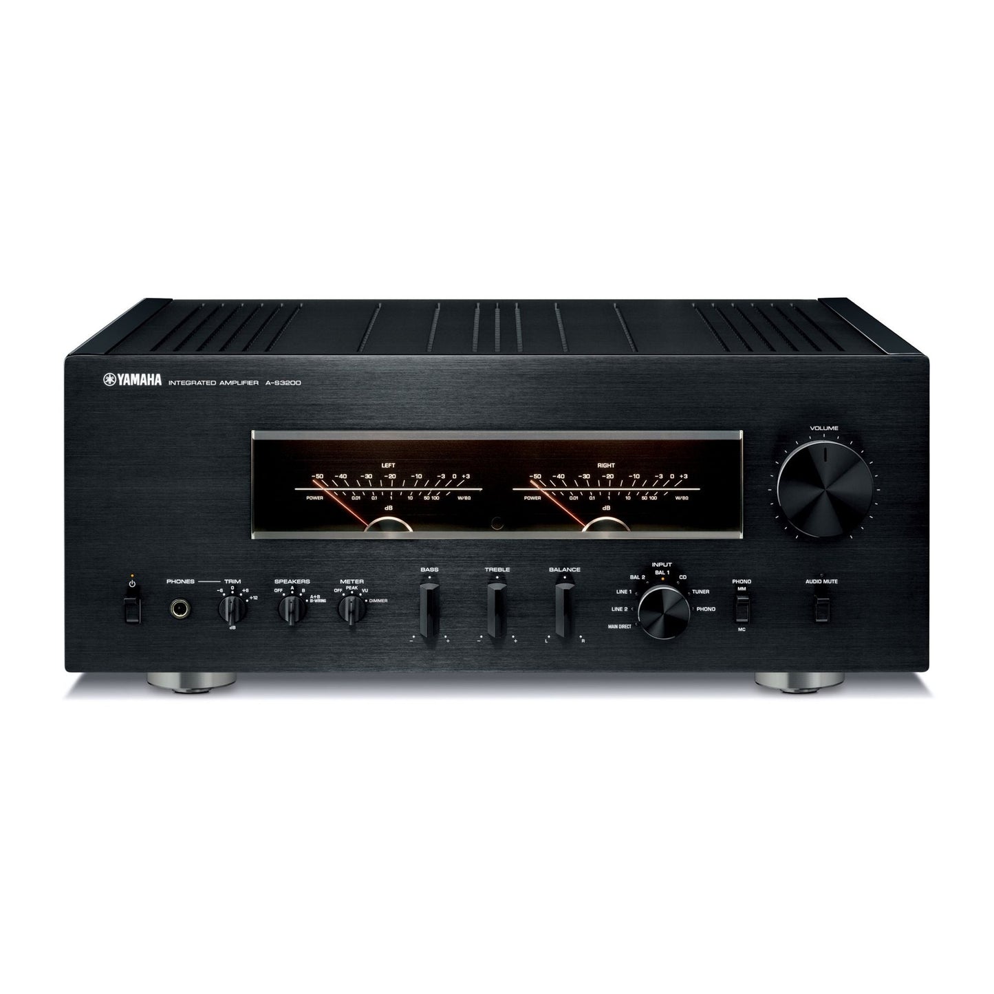 Yamaha A-S3200 High-End-Vollverstärker Schwarz Frontansicht mit Pegelmetern und Lautstärkeregler