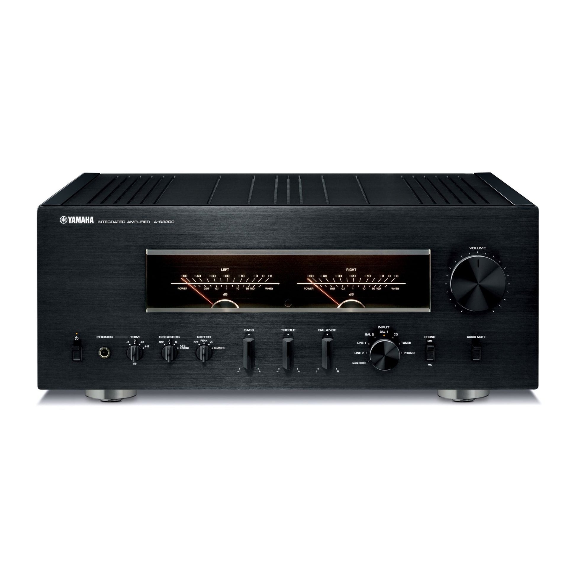 Yamaha A-S3200 High-End-Vollverstärker Schwarz Frontansicht mit Pegelmetern und Lautstärkeregler