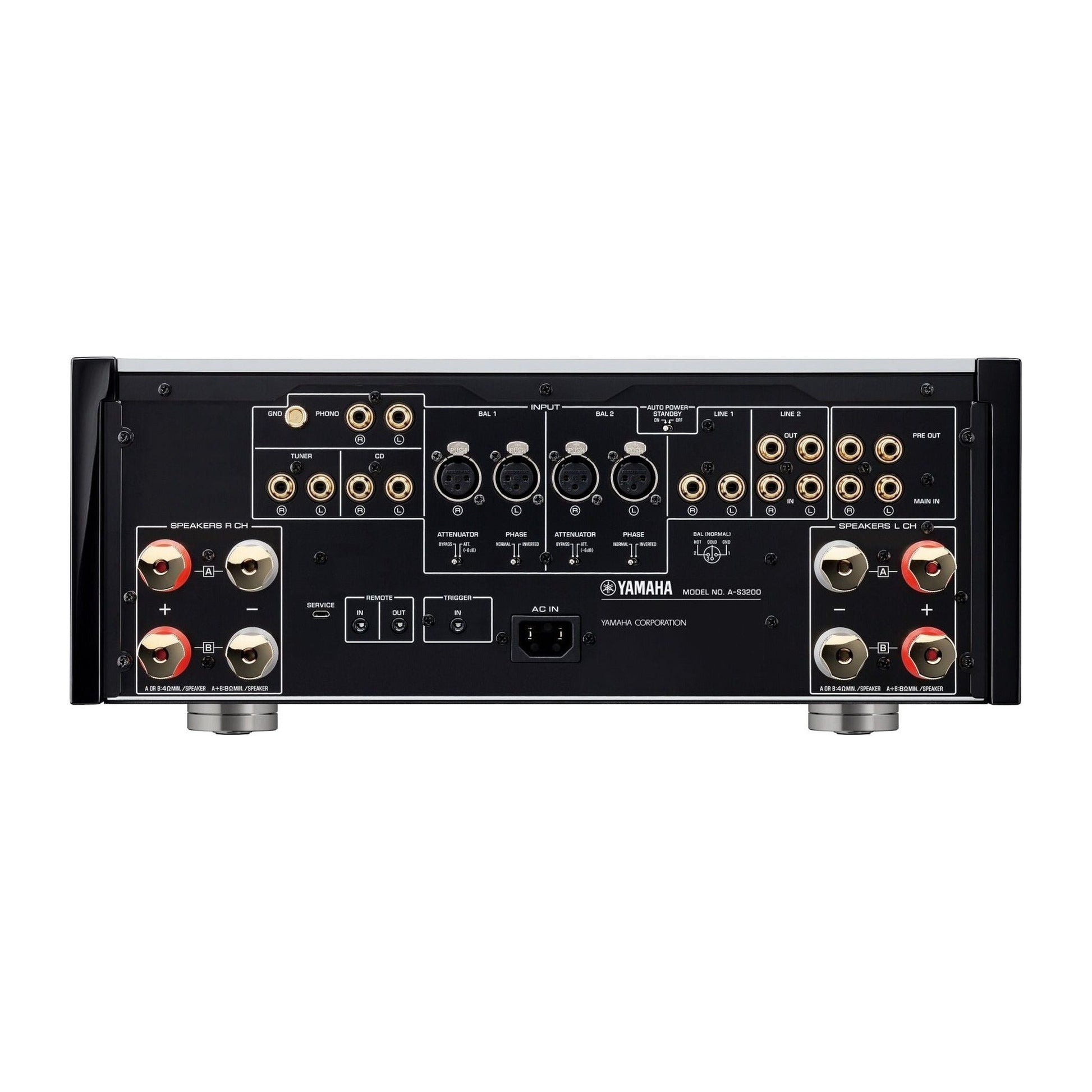 Yamaha A-S3200 High-End-Vollverstärker Rückansicht mit Lautsprecherterminals und XLR-Eingängen