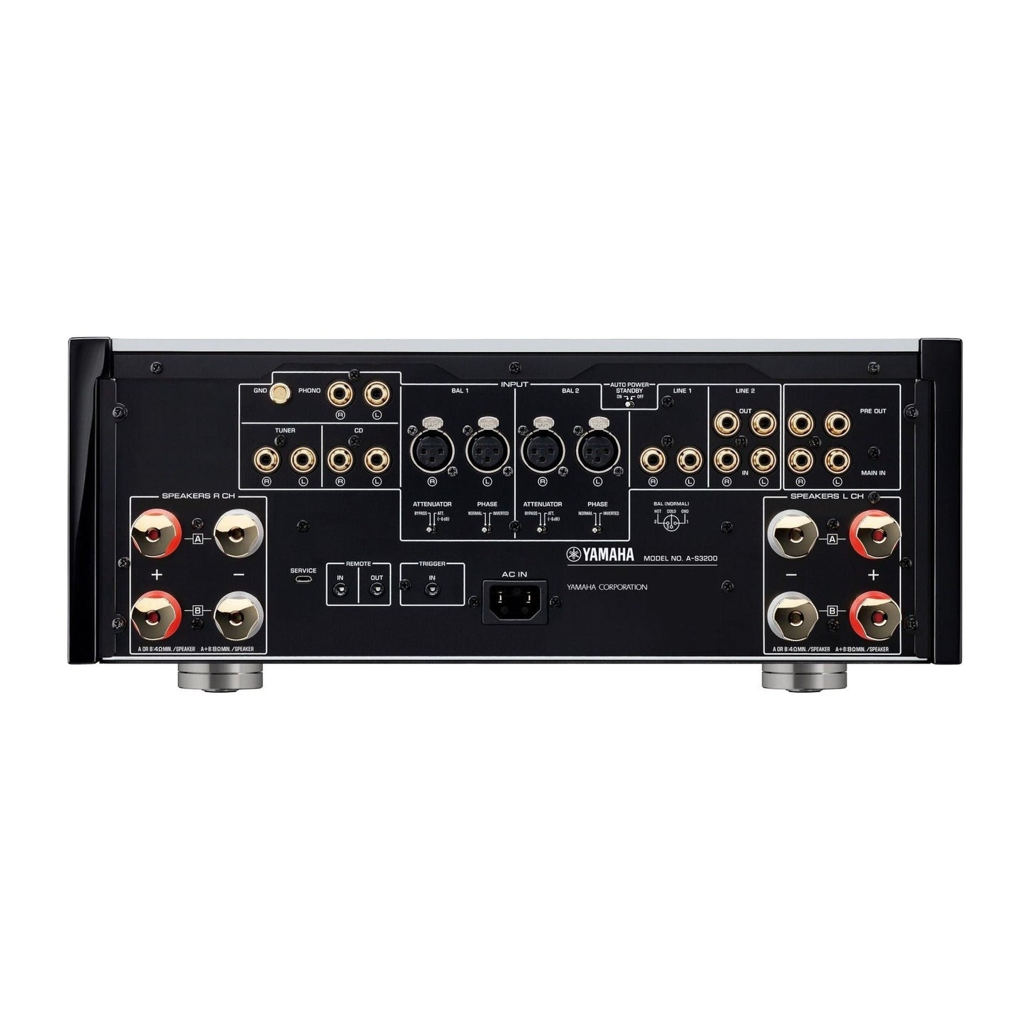 Yamaha A-S3200 High-End-Vollverstärker Silber Rückansicht mit XLR- und Cinch-Eingängen sowie Boxenklemmen