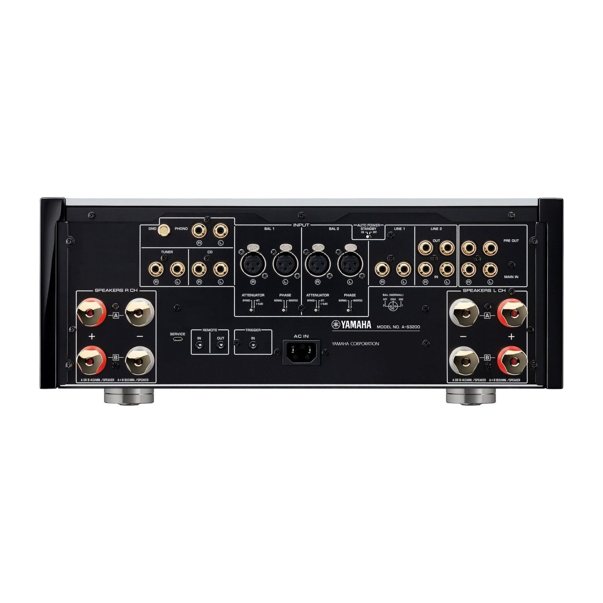 Yamaha A-S3200 High-End-Vollverstärker Silber Rückansicht mit XLR- und Cinch-Eingängen sowie Boxenklemmen