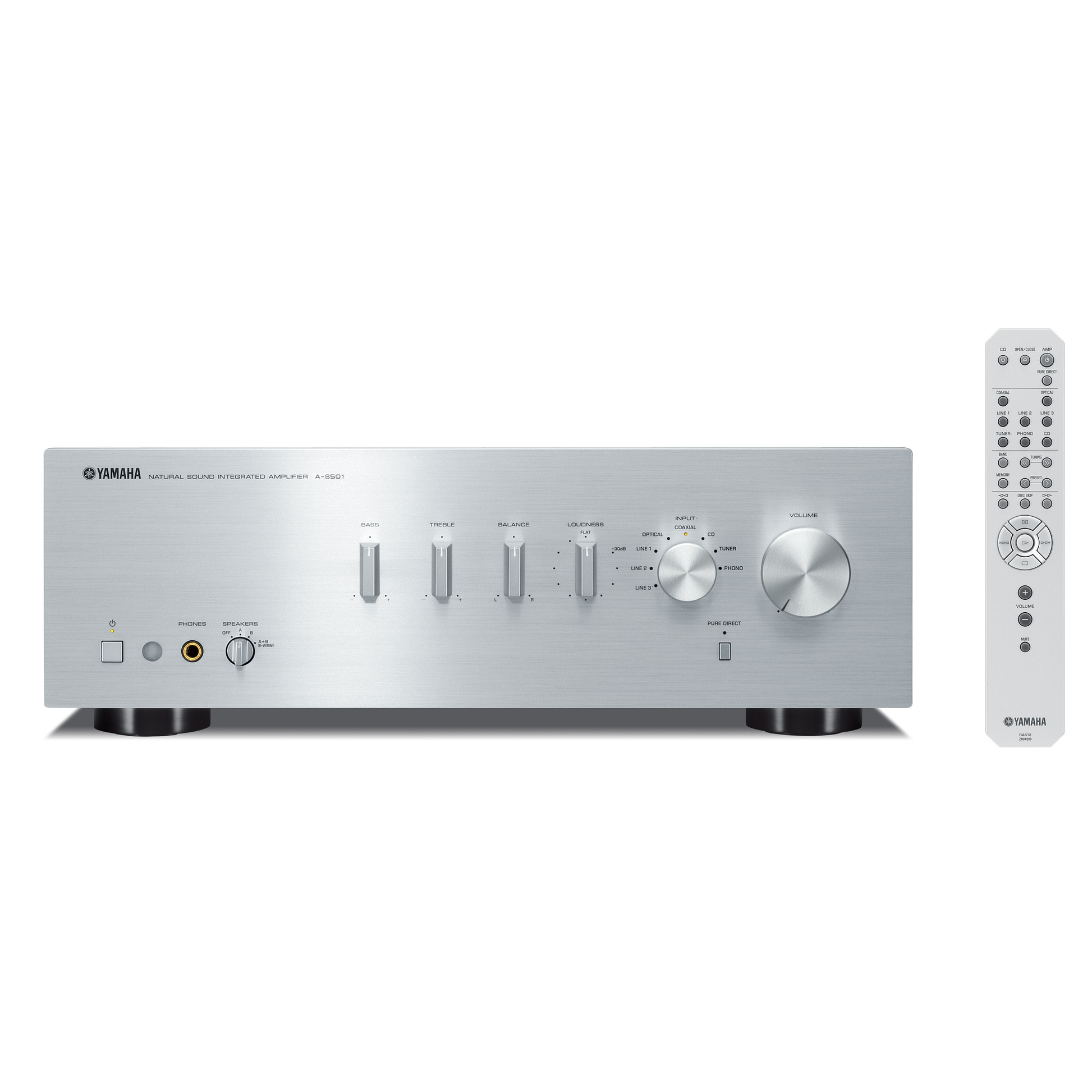 Yamaha A-S501 Stereo-Verstärker Silber Frontansicht mit Fernbedienung