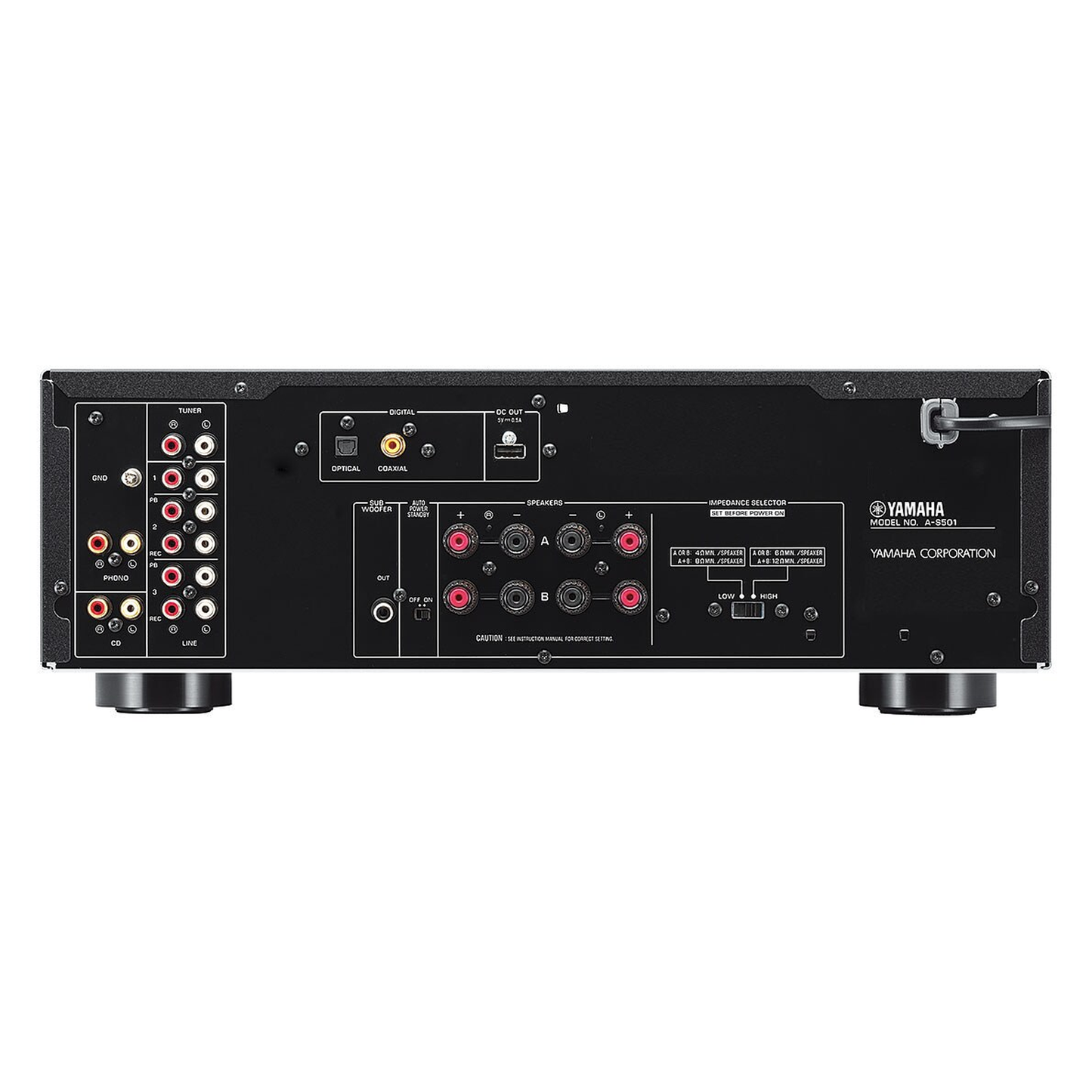 Yamaha A-S501 Stereo-Verstärker Silber Rückansicht mit Boxenklemmen, Phono- und Digitaleingängen