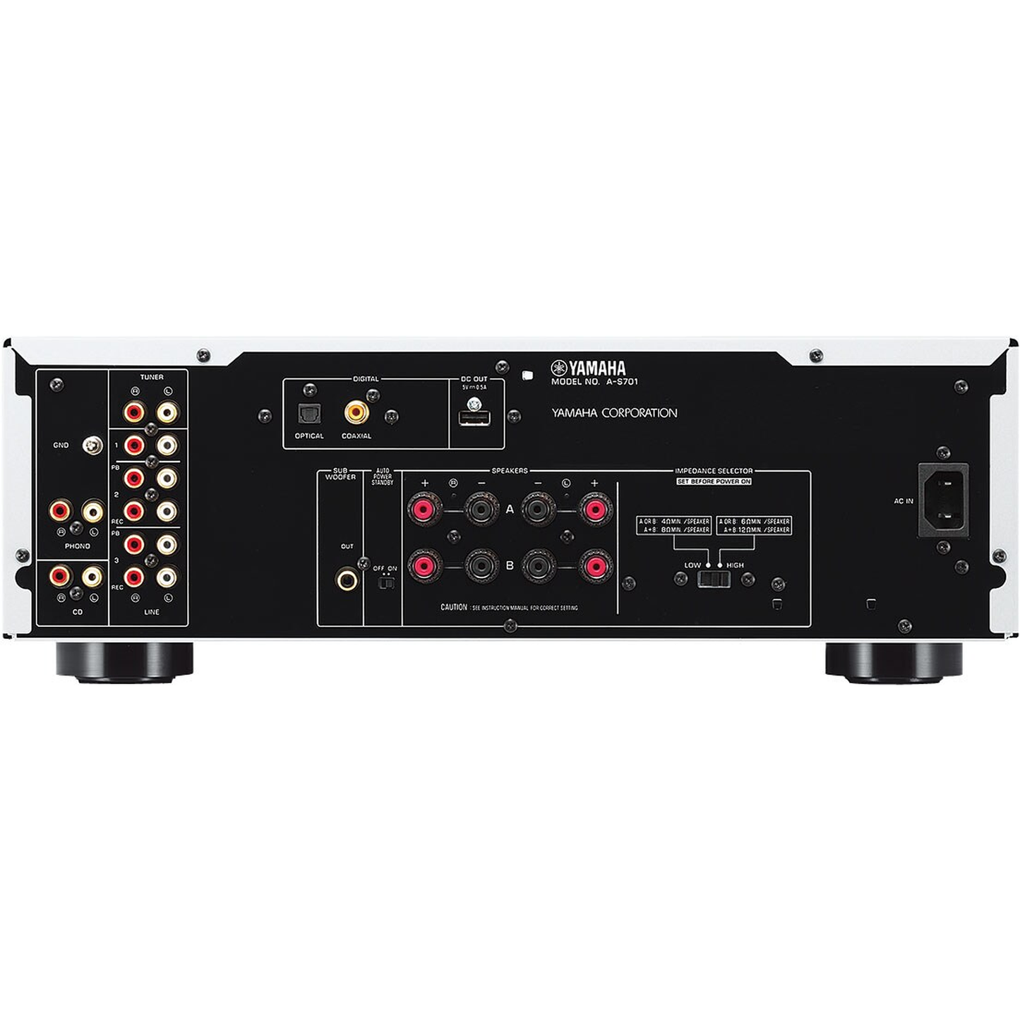 Yamaha A-S701 Stereo-Verstärker Rückansicht mit Lautsprecherterminals, Phono- und Digitaleingängen