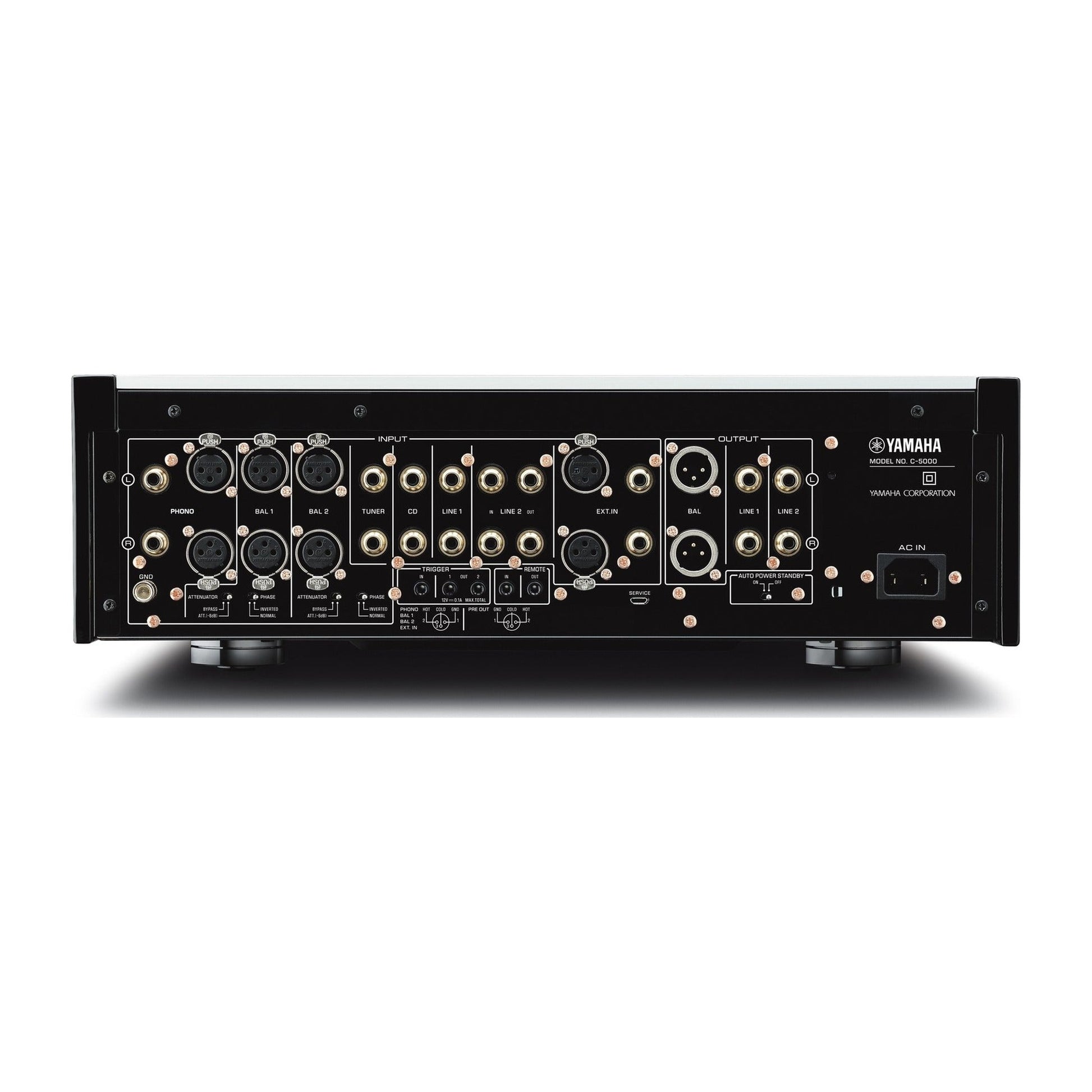Yamaha C-5000 High-End-Vorverstärker Silber Rückansicht mit XLR- und Cinch-Ein- und -Ausgängen