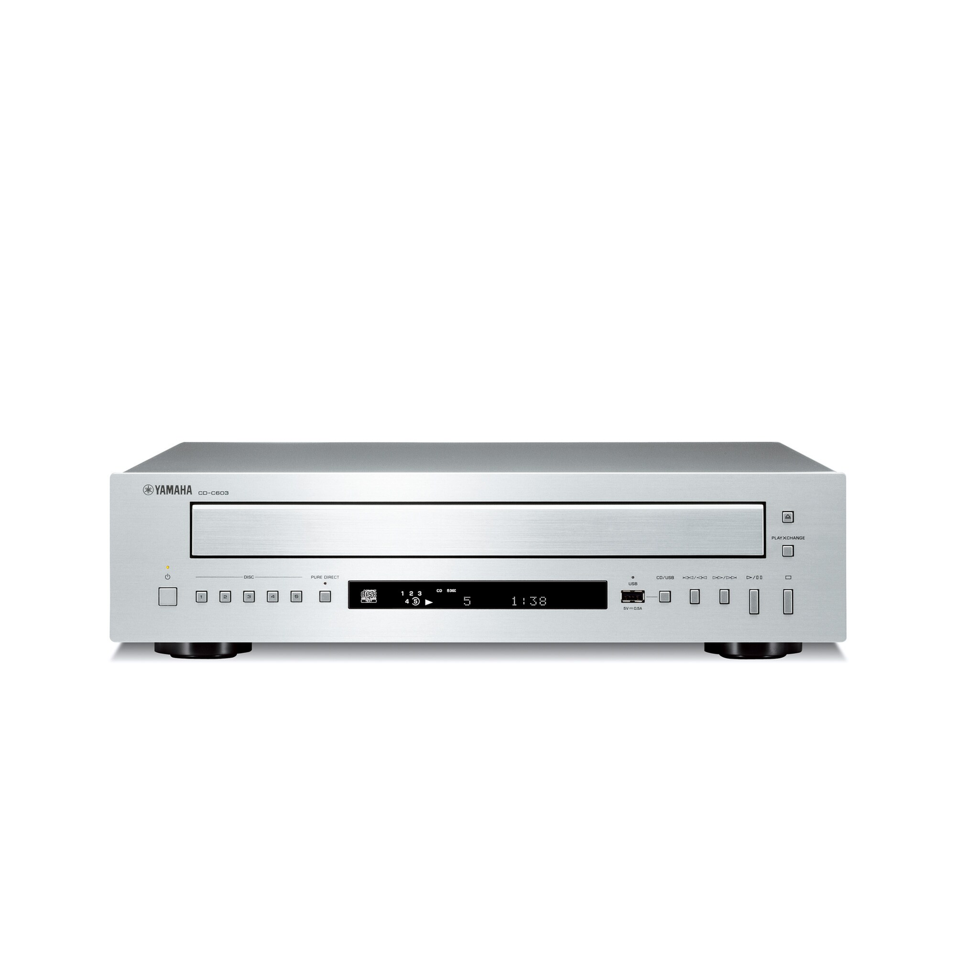 Yamaha CD-C603 CD-Wechsler Silber Frontansicht mit Display und USB-Anschluss