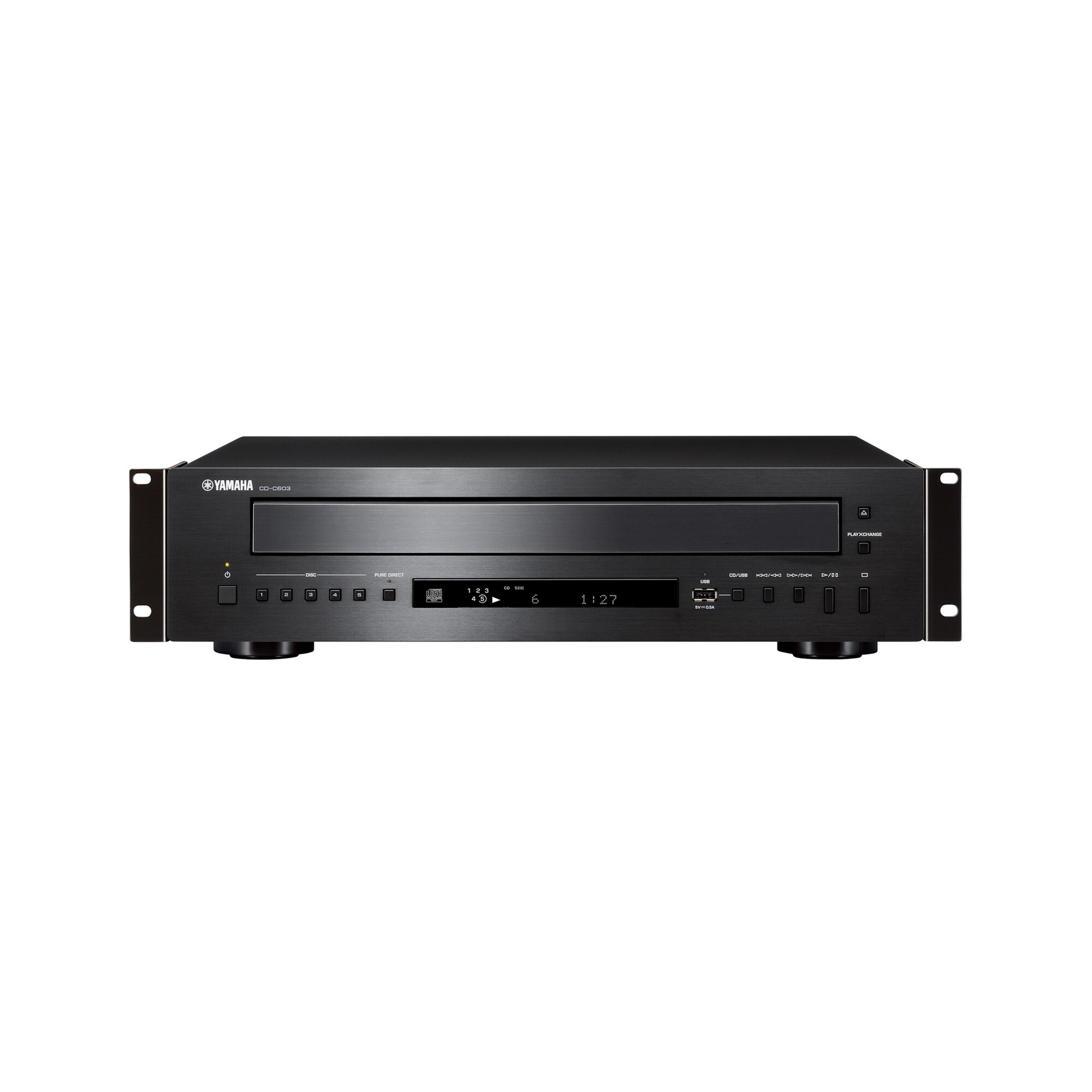 Yamaha CD-C603RK CD-Wechsler Schwarz Frontansicht mit montierten Rack-Winkeln