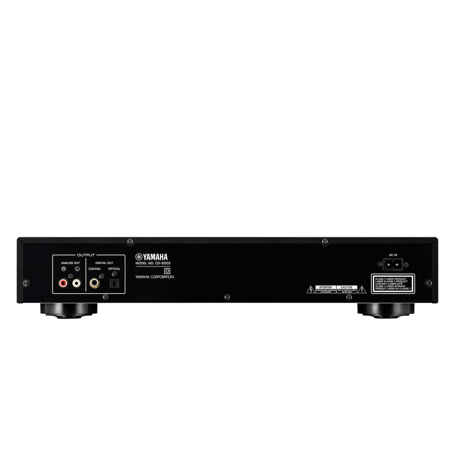 Yamaha CD-S303 CD-Player Rückansicht mit Analog-, Koaxial- und optischem Digitalausgang