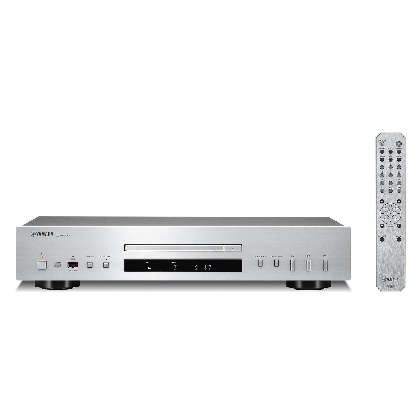 Yamaha CD-S303 CD-Player Silber Frontansicht mit Fernbedienung