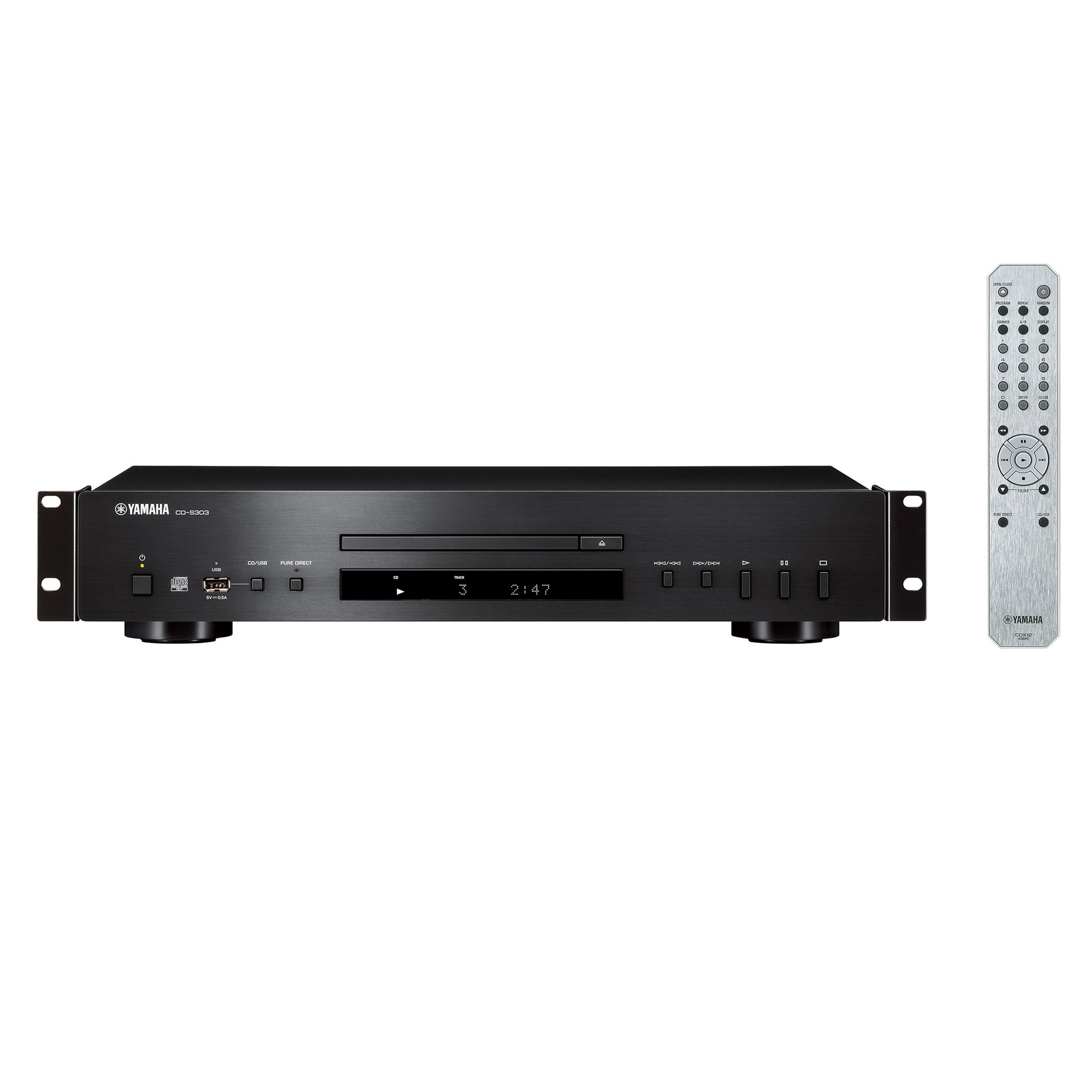 Yamaha CD-S303RK CD-Player Schwarz mit Rack-Halterung Frontansicht mit Fernbedienung