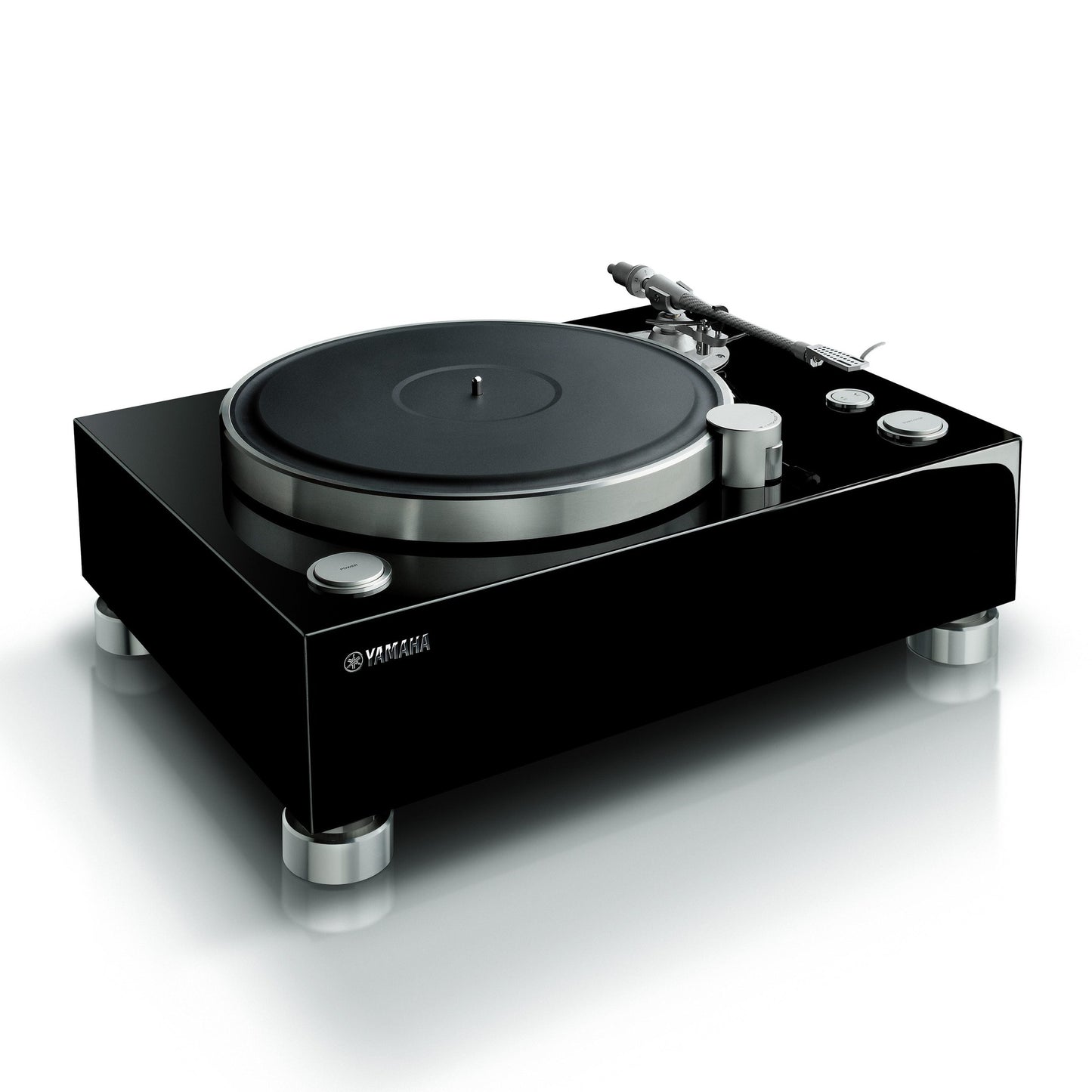 Yamaha GT-5000 High-End-Plattenspieler Klavierlack Schrägansicht mit massivem Chassis und Aluminium-Füssen