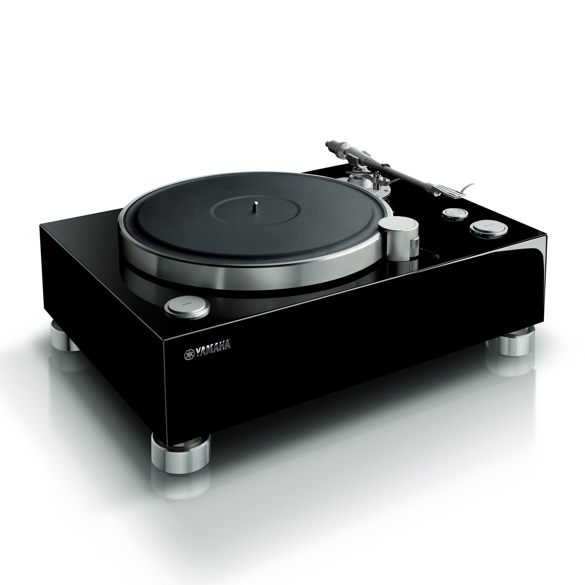 Yamaha GT-5000 High-End-Plattenspieler Klavierlack Schrägansicht mit massivem Chassis und Aluminium-Füssen