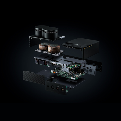 Yamaha HA-L7A Kopfhörerverstärker Innenansicht mit Ringkerntrafos, Platinen und versteiftem Chassis
