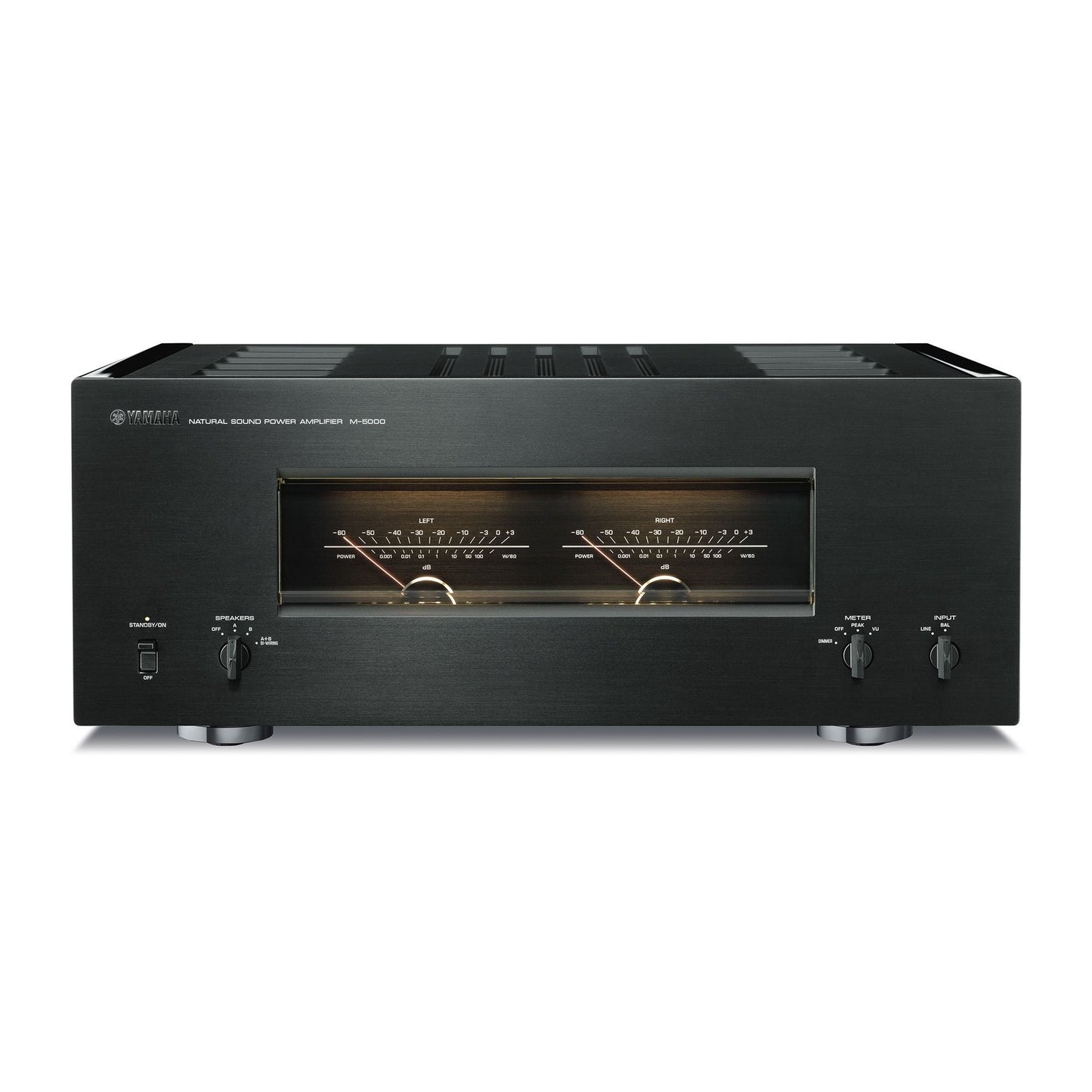 Yamaha M-5000 High-End-Endverstärker Schwarz Frontansicht mit beleuchteten Pegelmetern