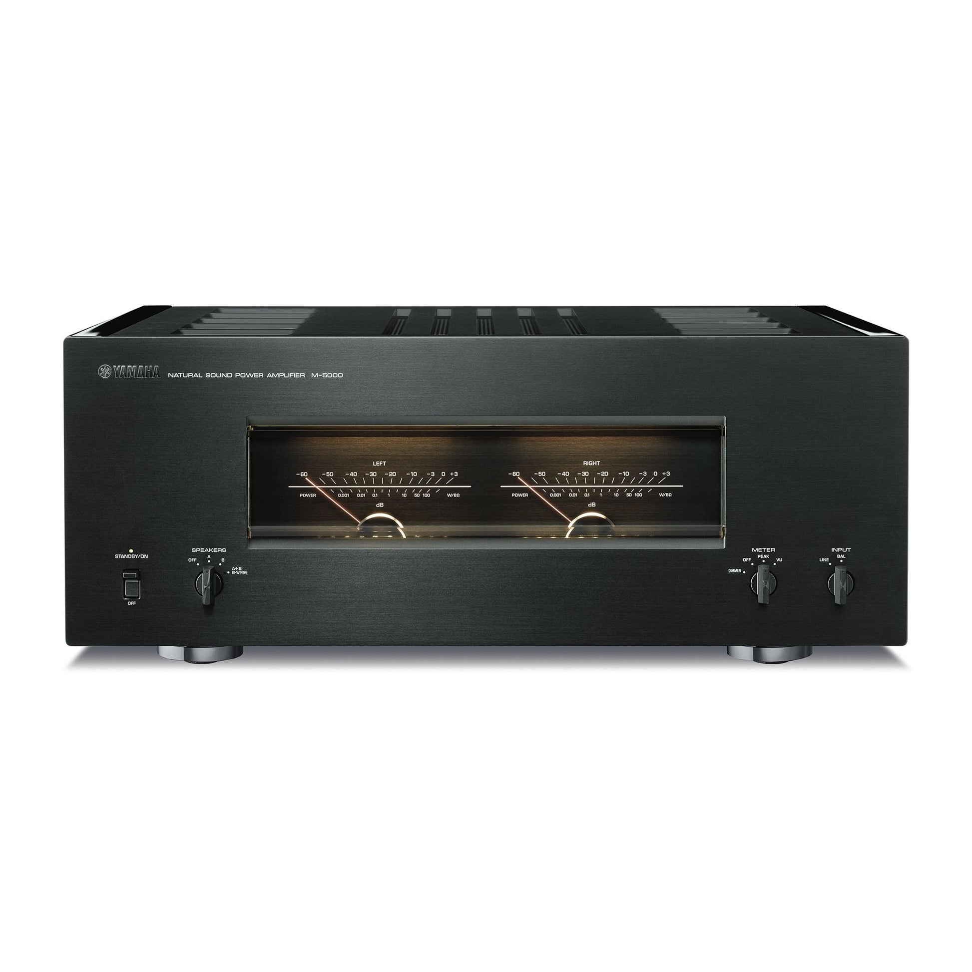 Yamaha M-5000 High-End-Endverstärker Schwarz Frontansicht mit beleuchteten Pegelmetern