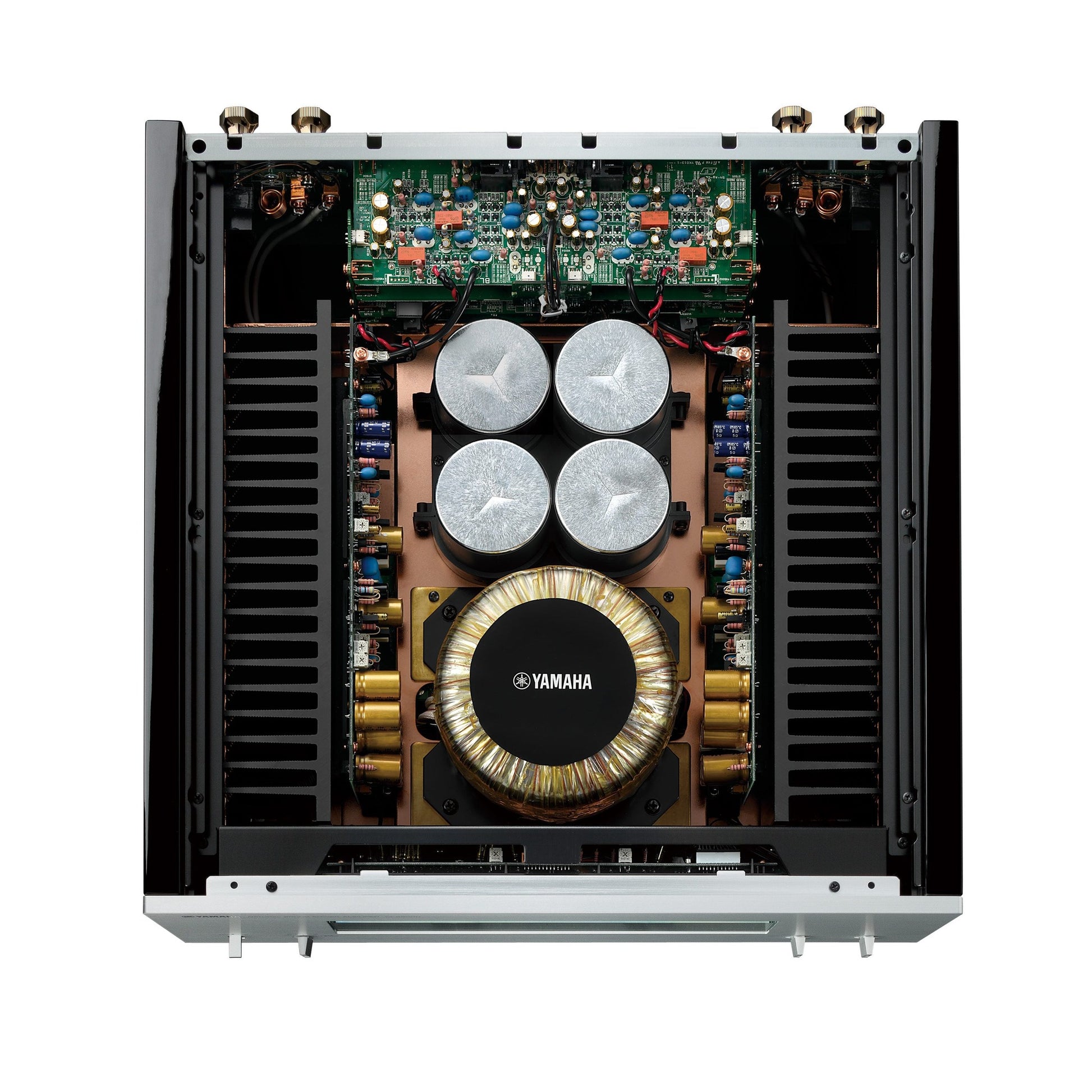 Yamaha M-5000 High-End-Endverstärker Innenansicht mit Ringkerntransformator und Siebkondensatoren