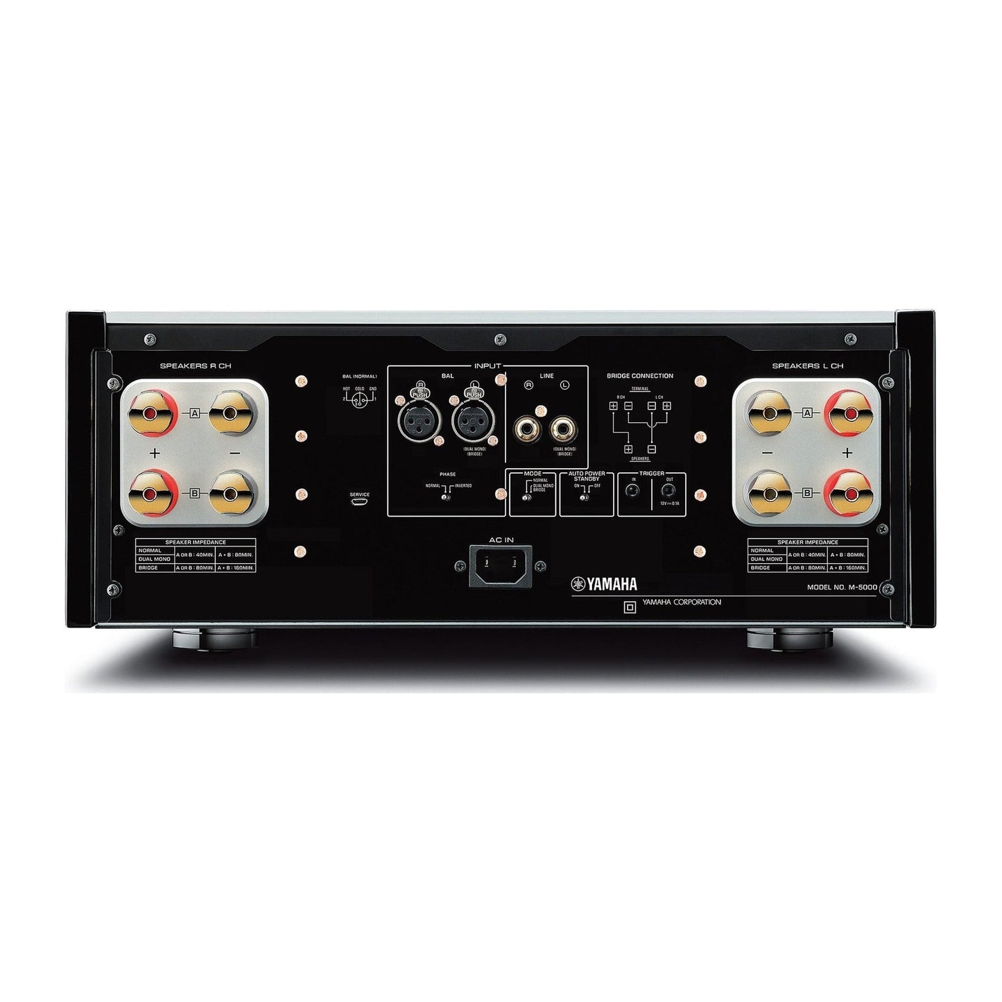 Yamaha M-5000 High-End-Endverstärker Rückansicht mit Lautsprecherterminals, XLR- und Cinch-Eingängen