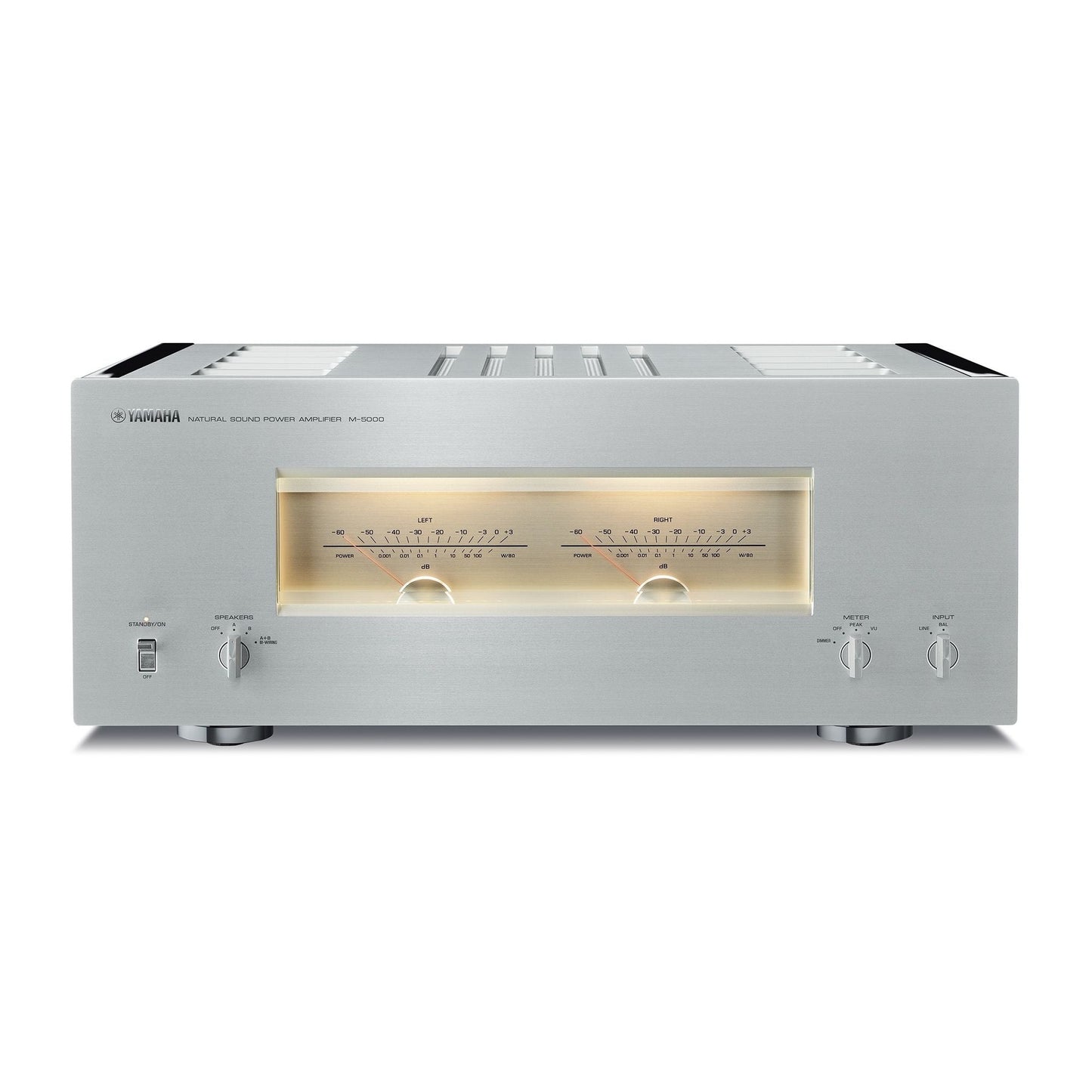 Yamaha M-5000 High-End-Endverstärker Silber Frontansicht mit beleuchteten Pegelmetern