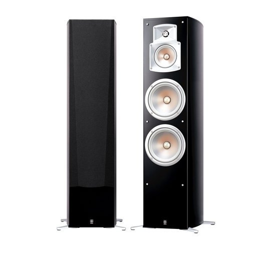 Yamaha NS-777 Standlautsprecher Klavierlack Stereopaar frontal, links mit Abdeckung, rechts ohne