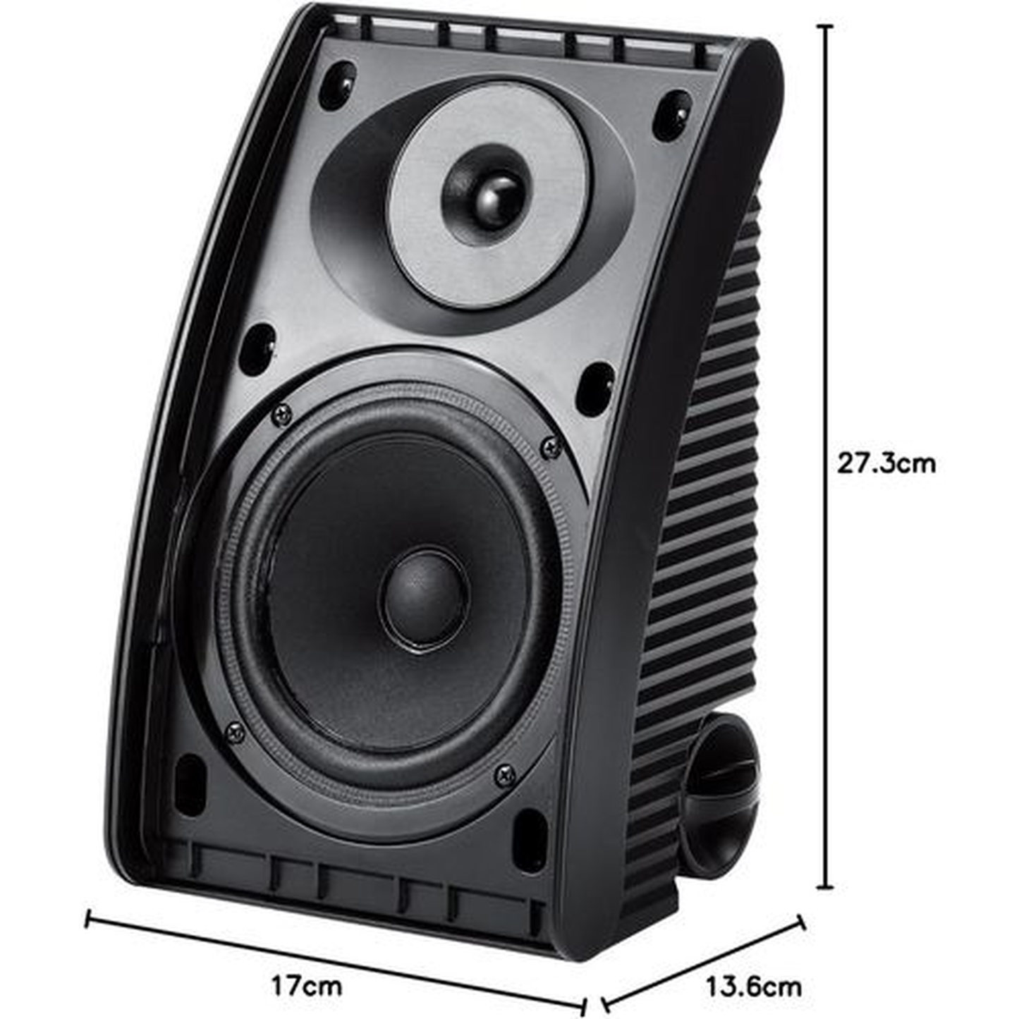Yamaha NS-AW592 Outdoor-Lautsprecher Schwarz Frontansicht ohne Abdeckung mit Massangaben