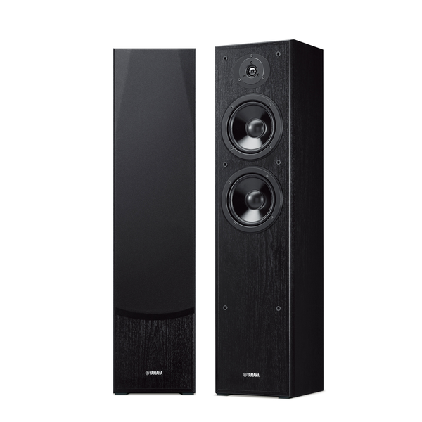 Yamaha NS-F51 Standlautsprecher Schwarz Stereopaar frontal, links mit Abdeckung, rechts ohne