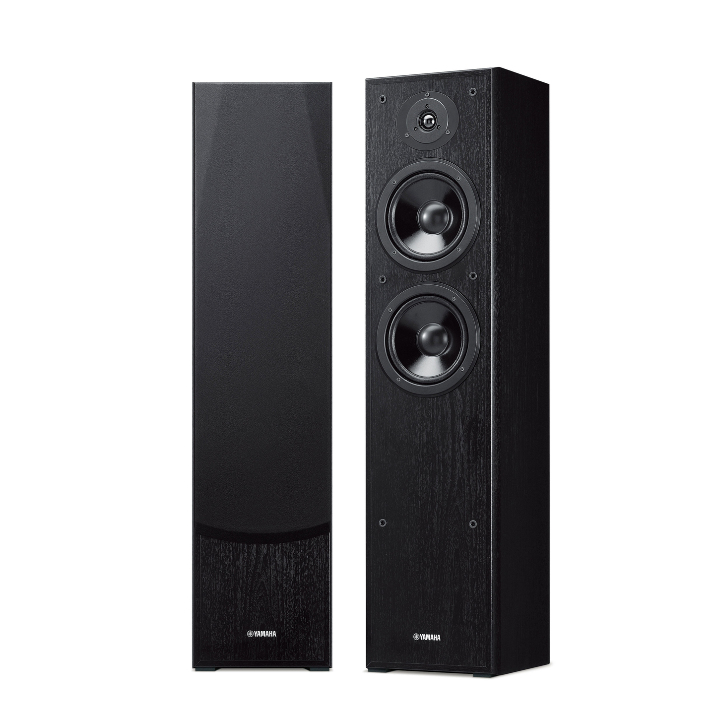 Yamaha NS-F51 Standlautsprecher Schwarz Stereopaar frontal, links mit Abdeckung, rechts ohne
