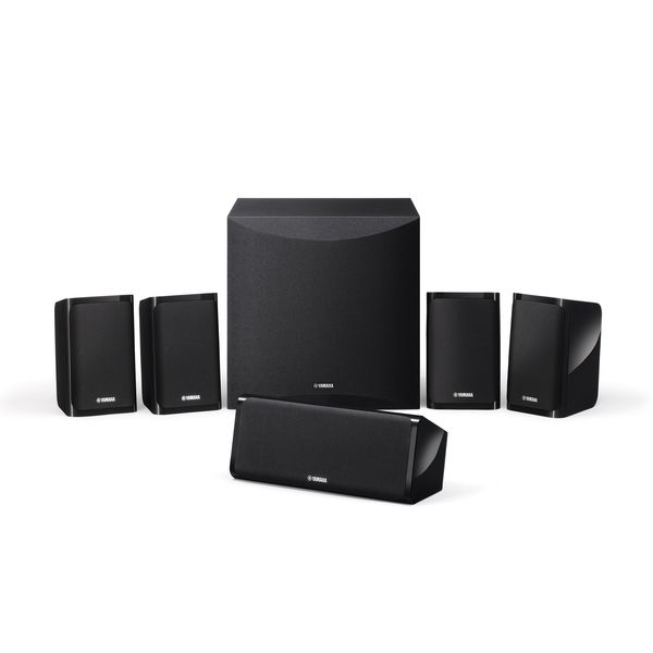 Yamaha NS-P41 5.1-Lautsprecherset Schwarz Frontansicht mit Subwoofer, Center und vier Satelliten
