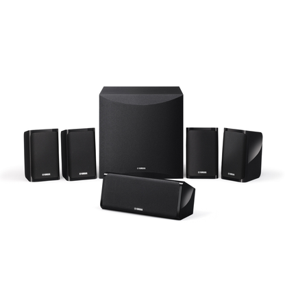 Yamaha NS-P41 5.1-Lautsprecherset Schwarz Frontansicht mit Subwoofer, Center und vier Satelliten